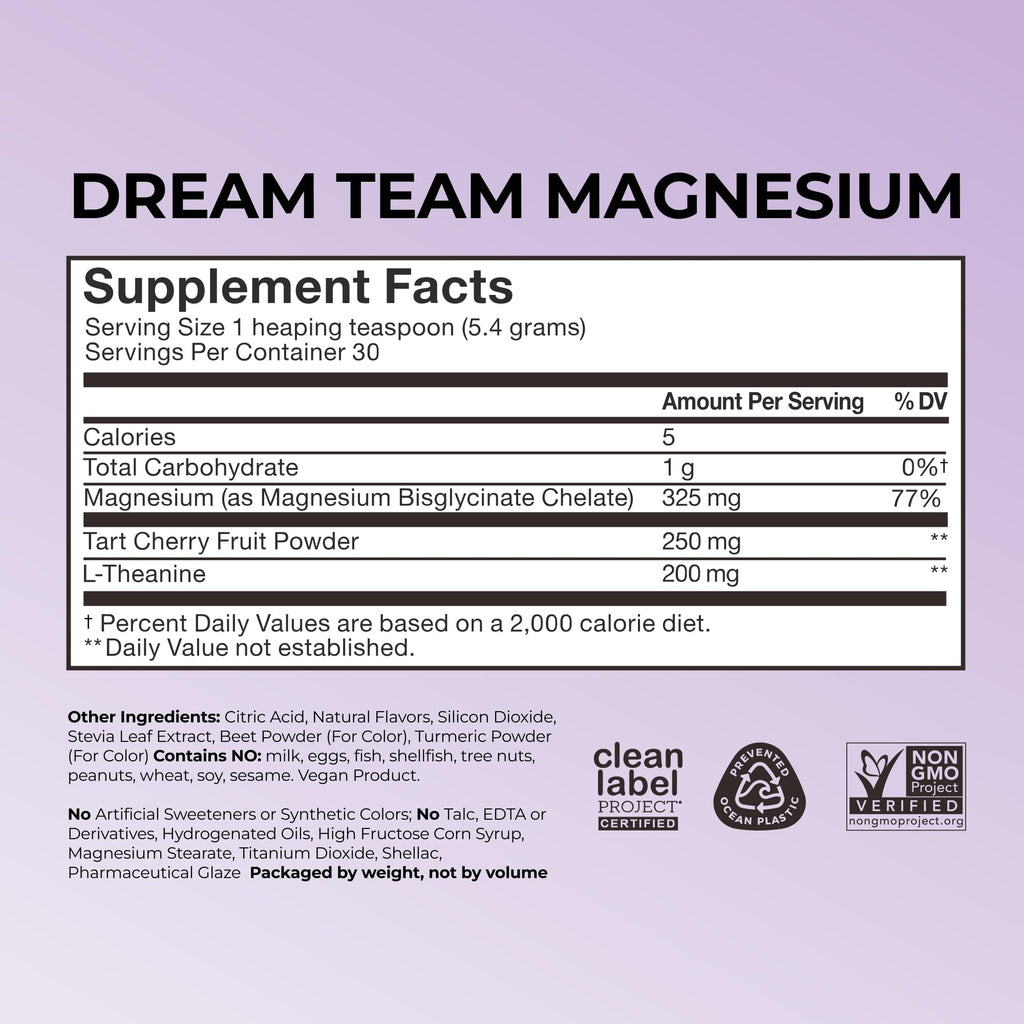 Hum Nutrition Dream Team Magnesium Bisglycinate Powder – Sleep Support, L-Theanine & Tart Cherry (Gluten Free, Vegan)