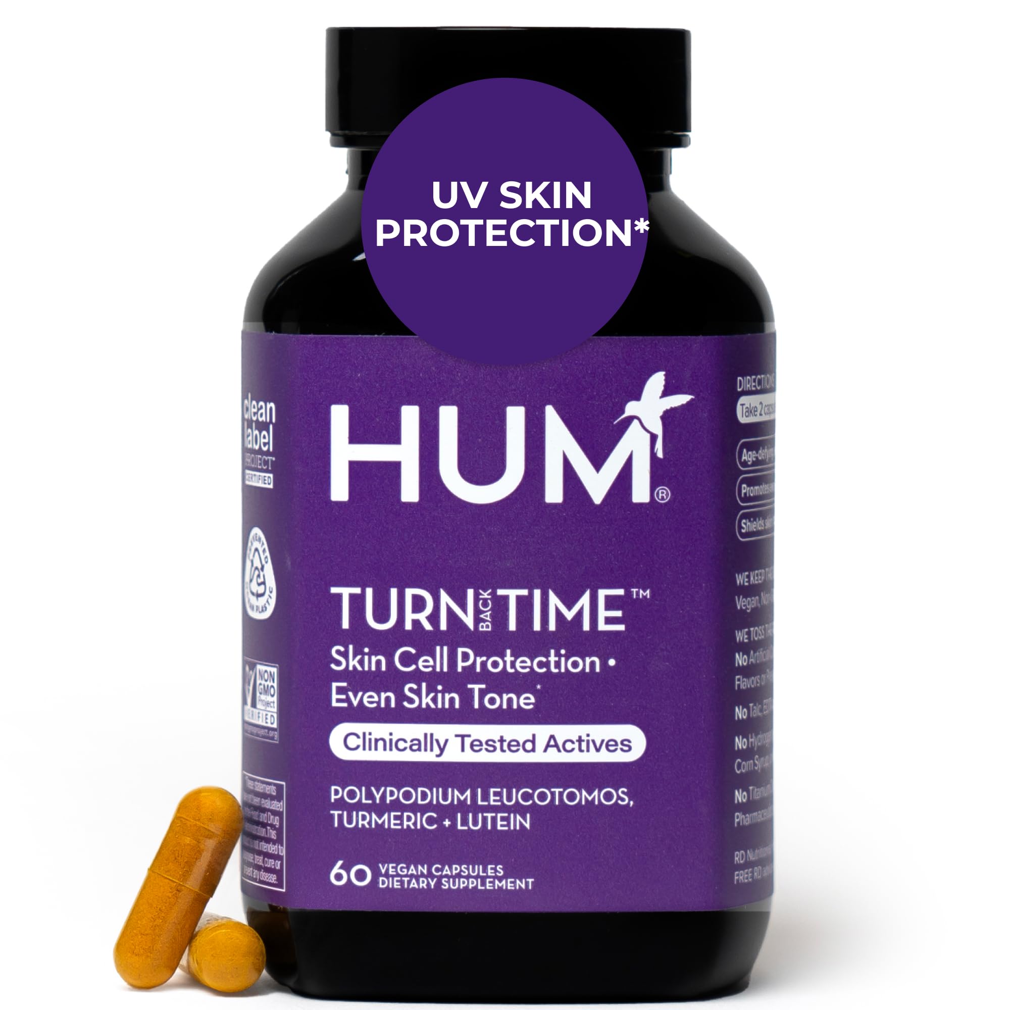 HUM Turn Back Time Turmeric Supplement for Youthful Skin | Green Tea Extract, Lutein & Polyphenols | 60 Vegan Capsules