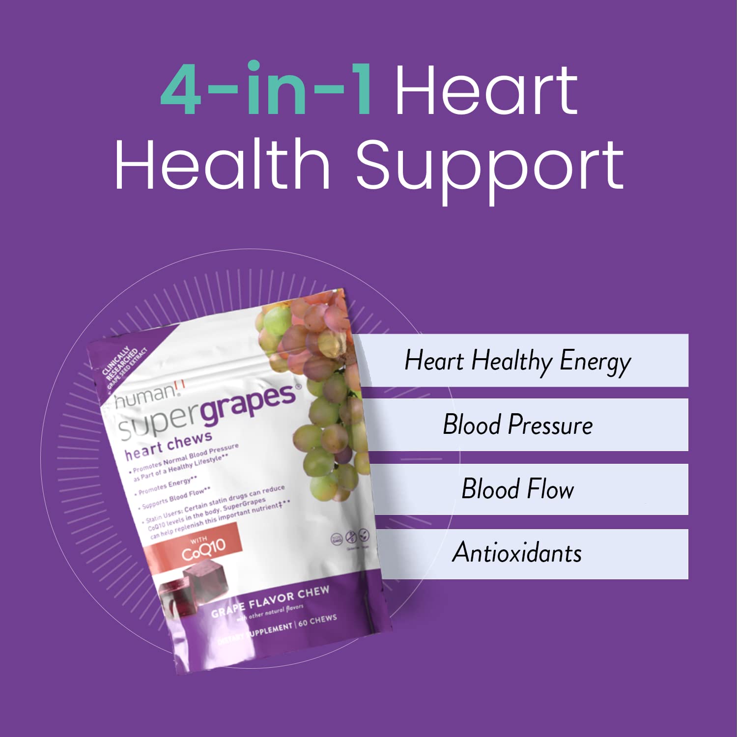 Humann SuperGrapes Chews – 100mg CoQ10 & Grape Seed Extract | From The Makers of SuperBeets, Grape Flavor, 60 Count