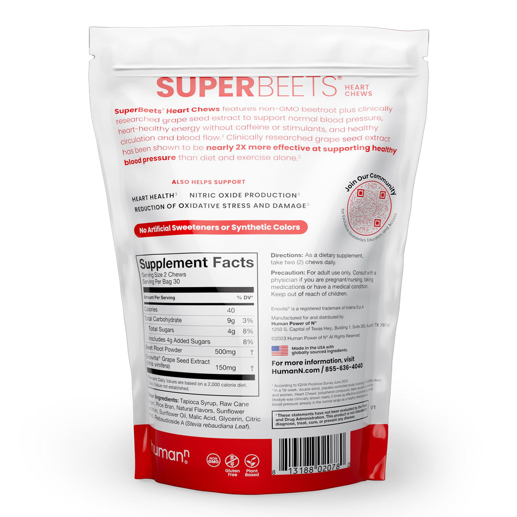 Humann SuperBeets Heart Chews – Nitric Oxide & Blood Pressure Support, Pomegranate Berry Flavor, 60 Count
