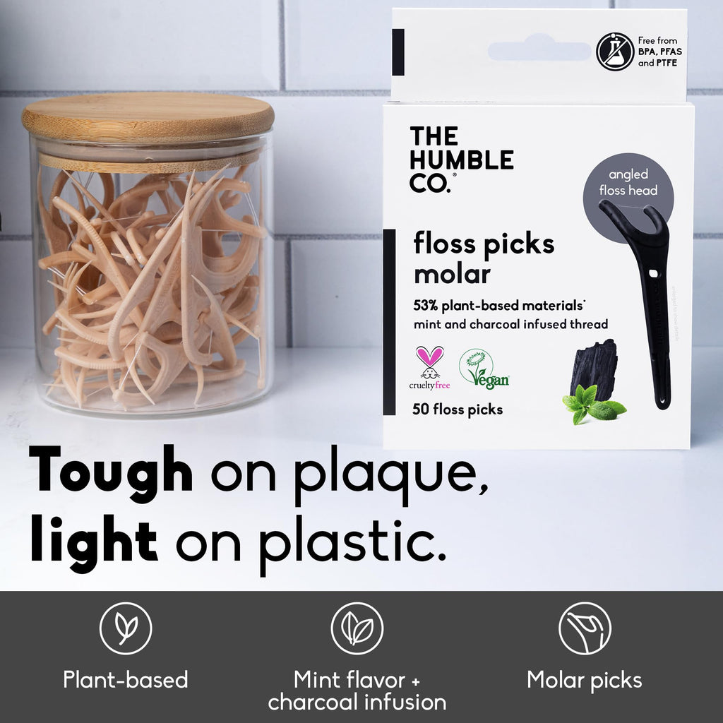 The Humble Co Molar Floss Picks – 200 Count, Charcoal, Angled for Molars