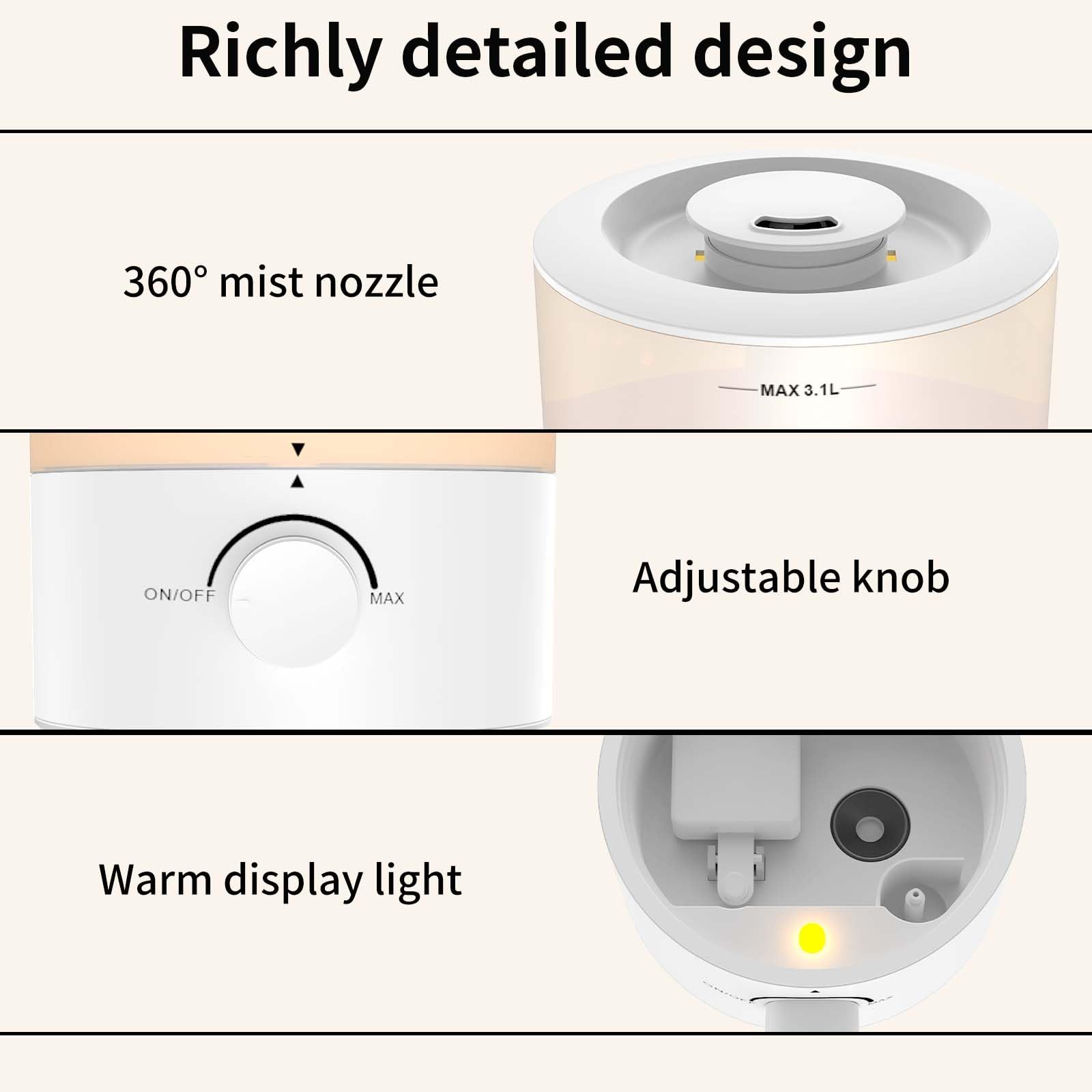 Humidifiers for Bedroom - 3.1L Top Fill Cool Mist, 360-degree Nozzle, 25W Ultrasonic