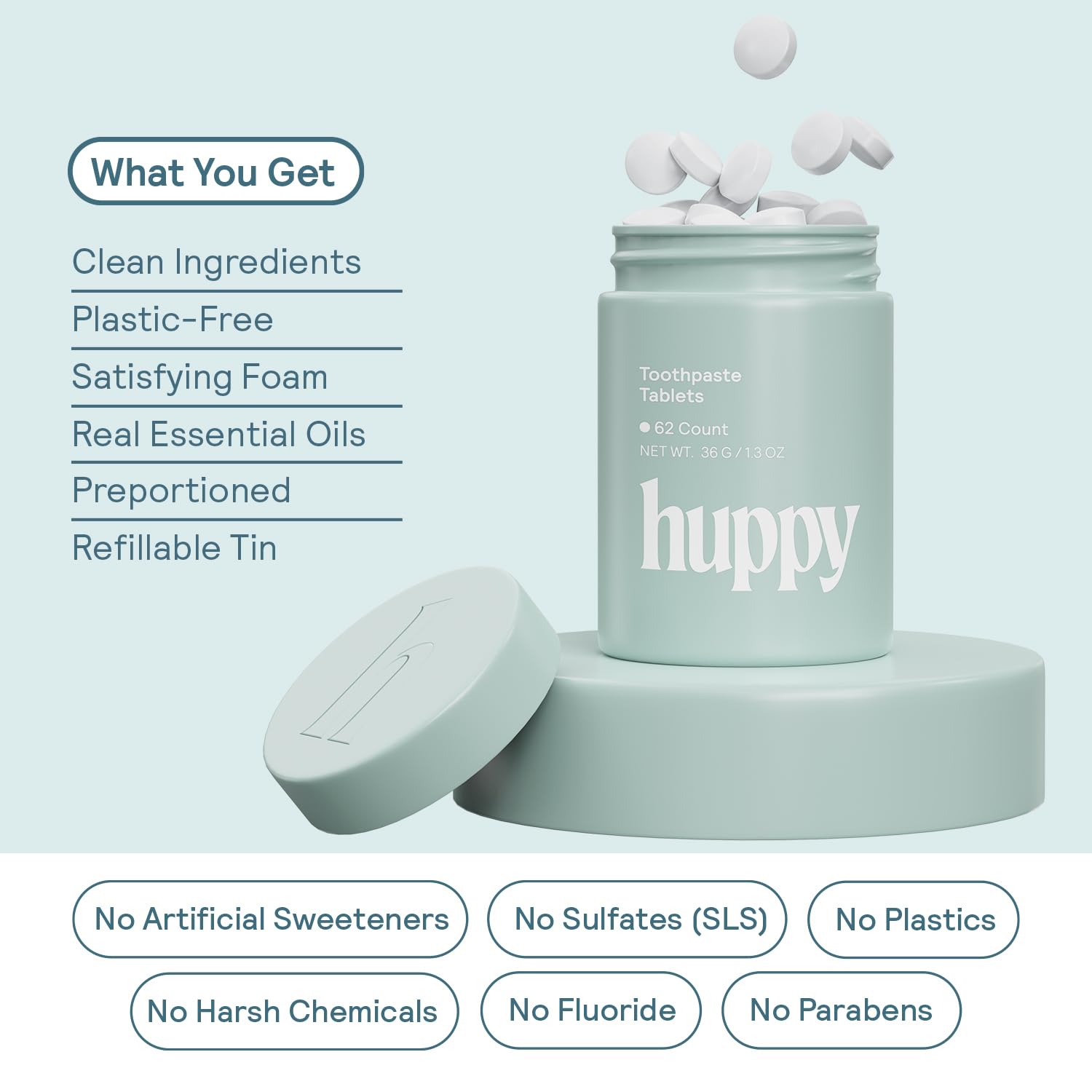 HUPPY Toothpaste Tablets – Nano Hydroxyapatite, Fluoride-Free Whitening (62 Count)