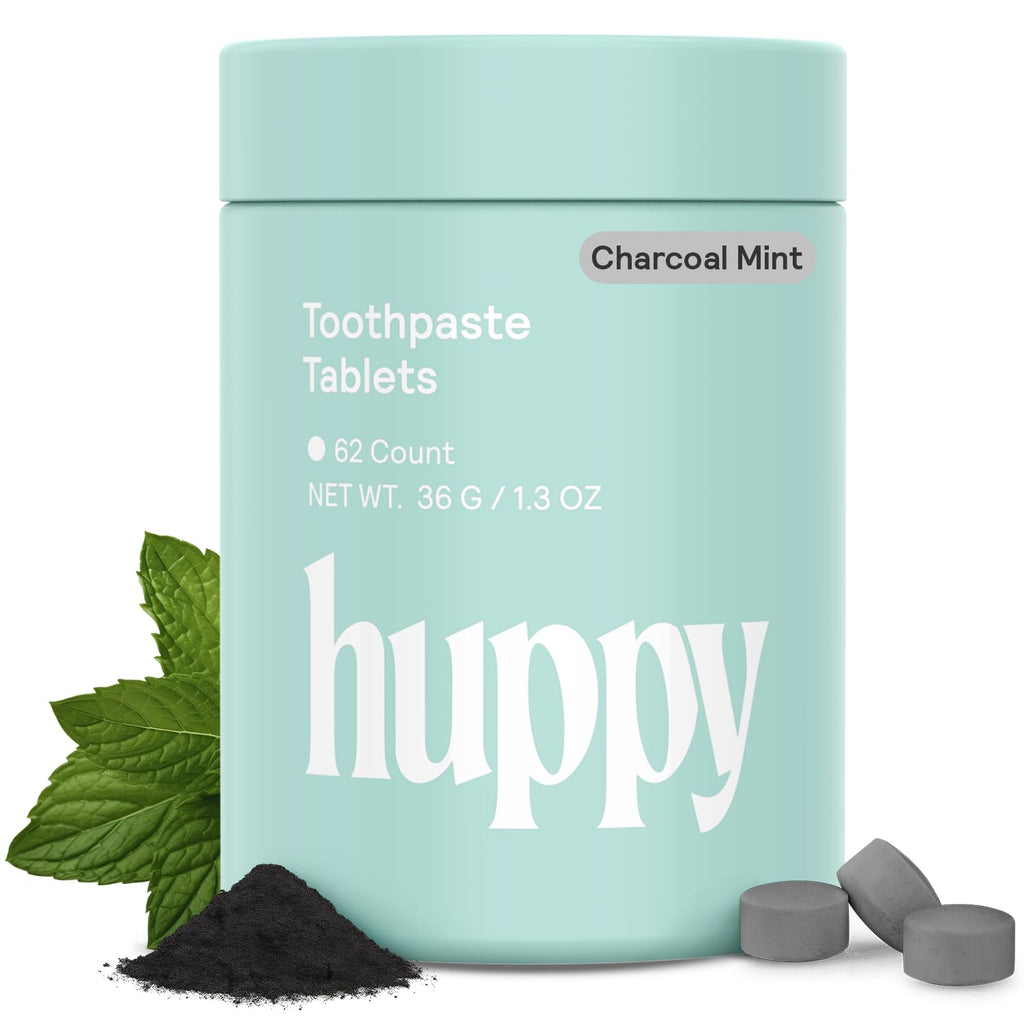 HUPPY Toothpaste Tablets – Nano Hydroxyapatite, Fluoride-Free Whitening, Charcoal Flavor, 62 Count