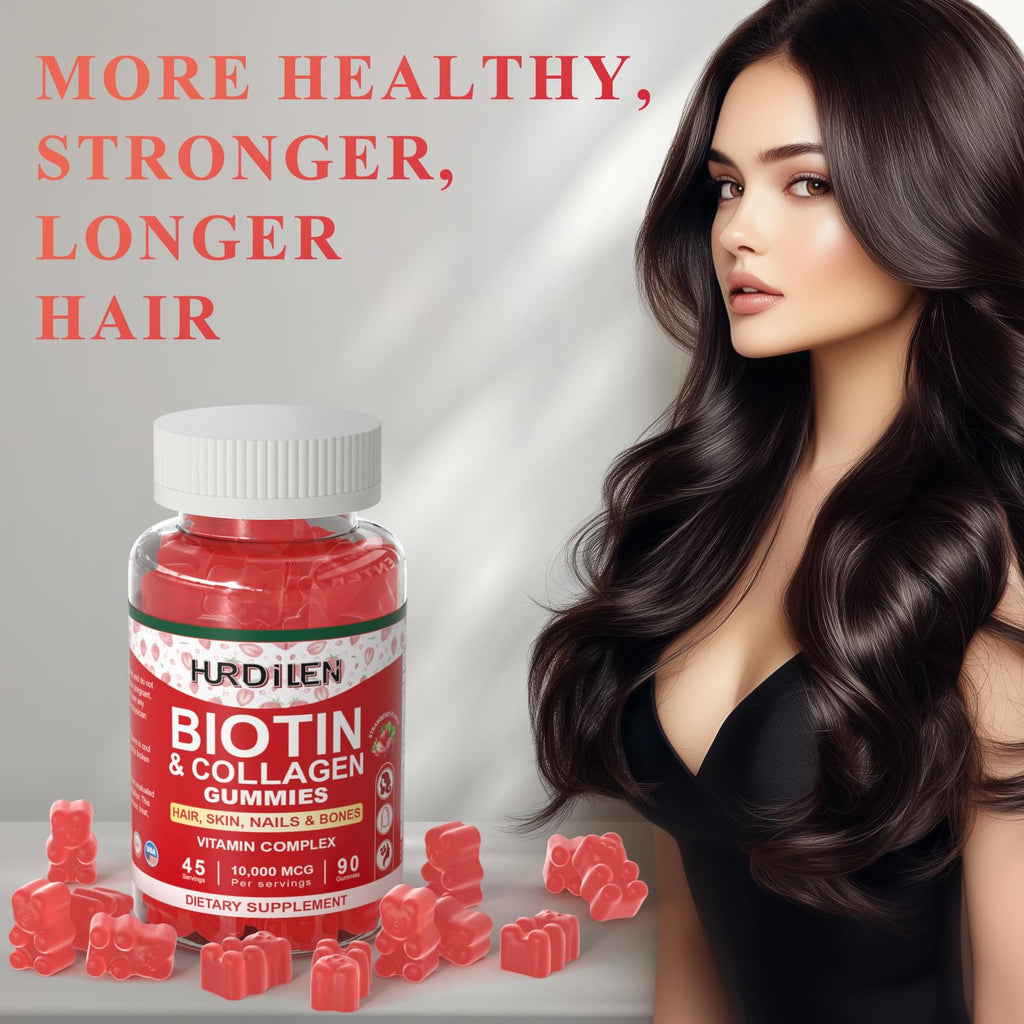 Hurdilen Biotin Collagen Gummies – 10,000 mcg Biotin for Hair, Skin & Nails | 90 Gummies