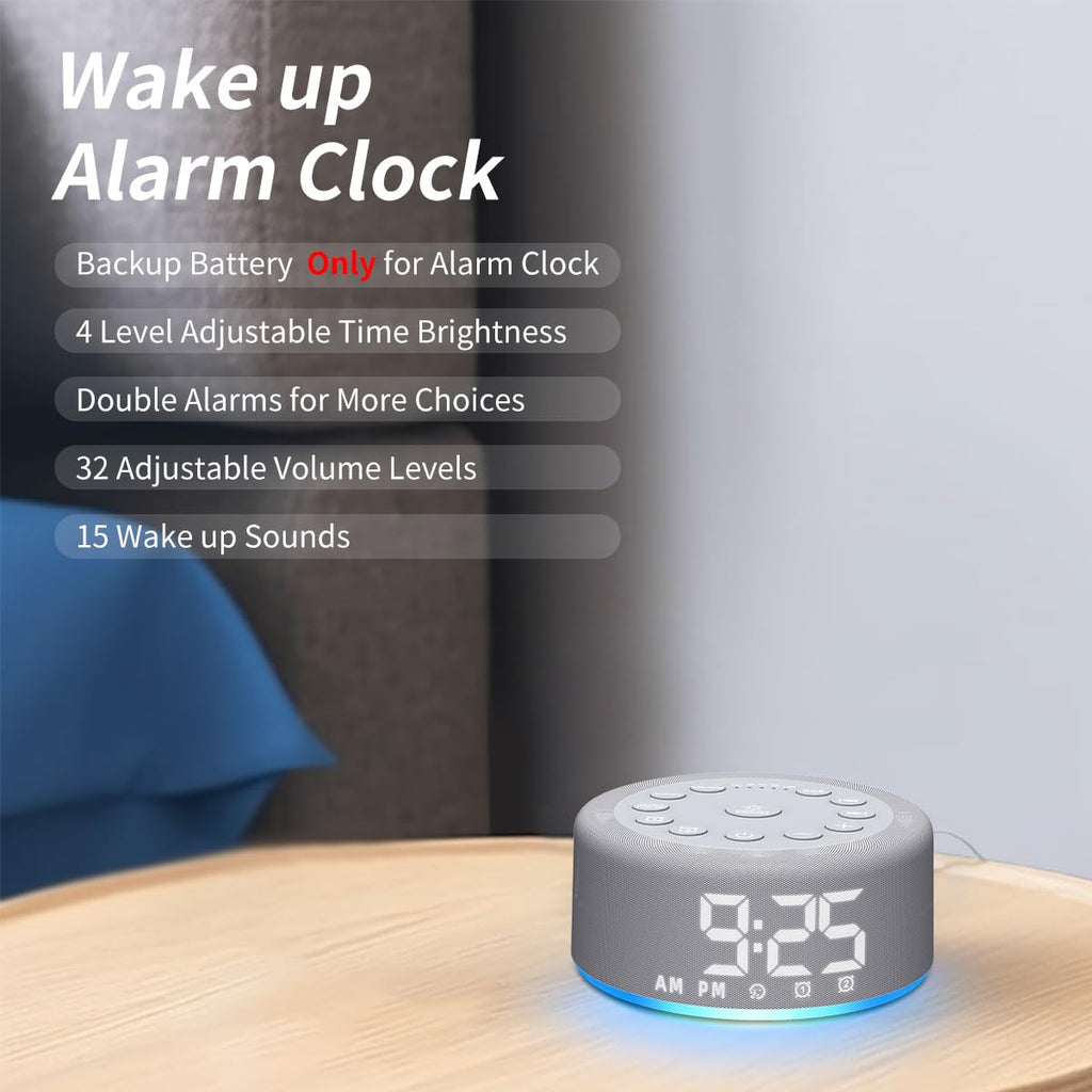Hushing Sound Machine Alarm Clock with Night Light – Dual Alarms, 30 Sounds, Battery Backup