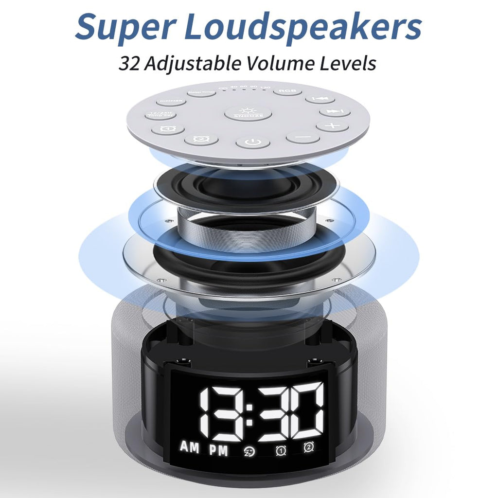 Hushing Sound Machine Alarm Clock with Night Light – Dual Alarms, 30 Sounds, Battery Backup