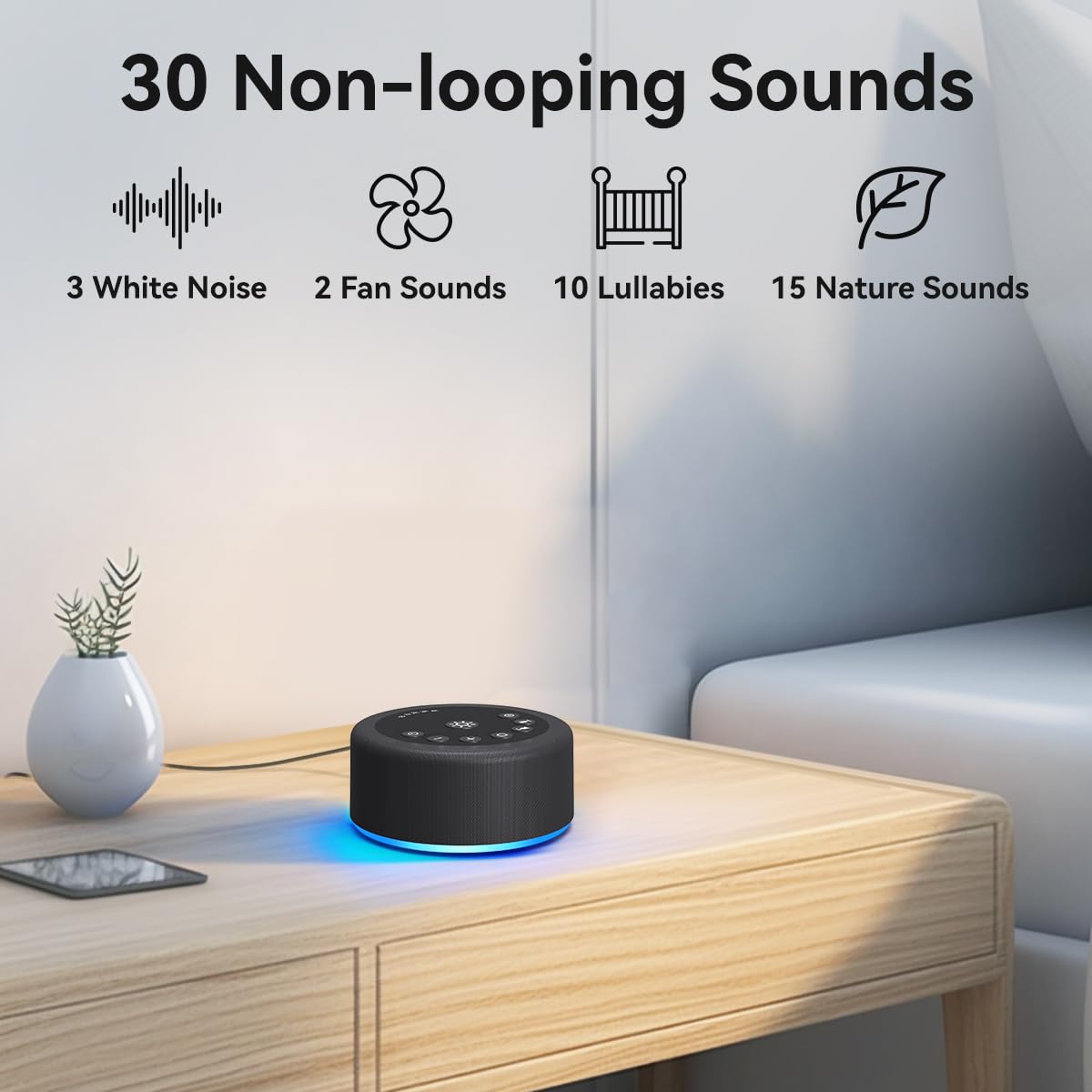 Hushing Sleep Sound Machine — 30 Non-Looping Sounds, 12 Night Lights, 36 Volume Levels, Memory & Timers