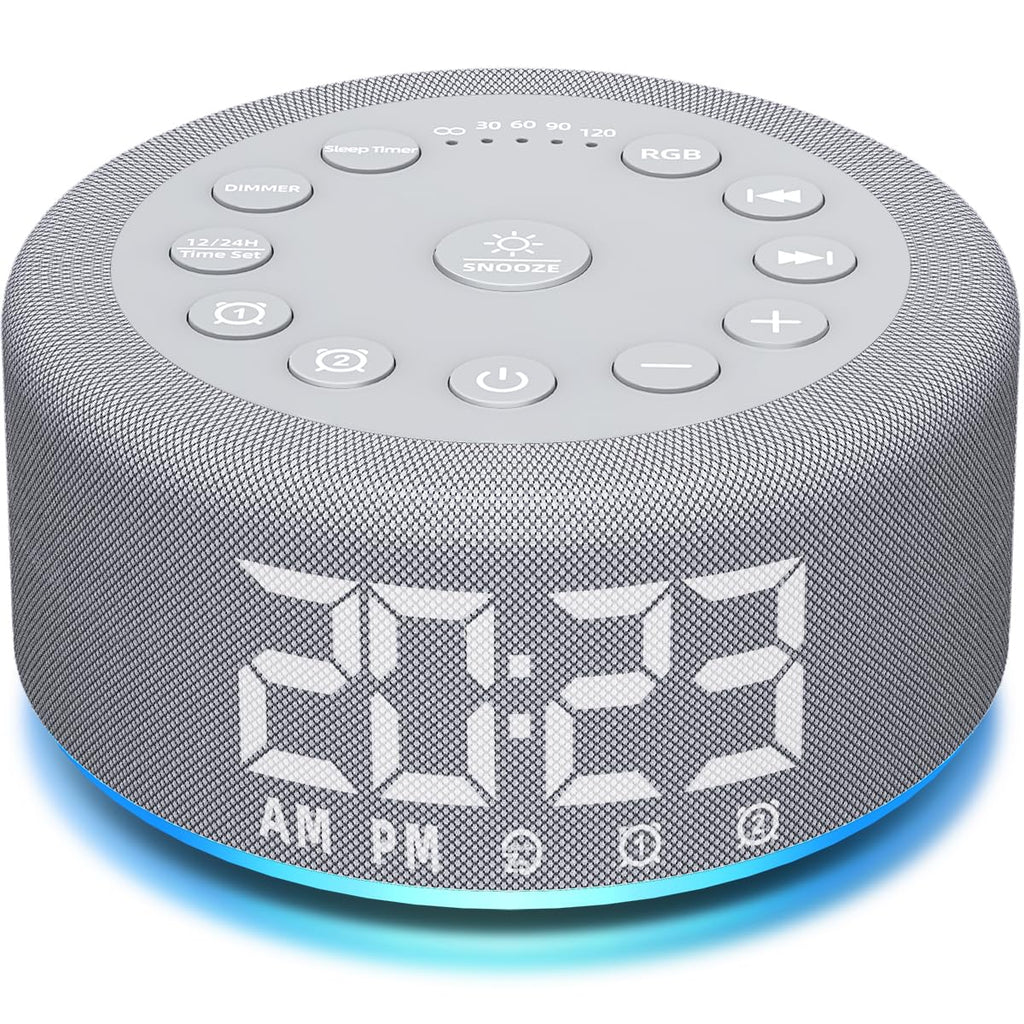 Hushing Sound Machine Alarm Clock with Night Light – Dual Alarms, 30 Sounds, Battery Backup