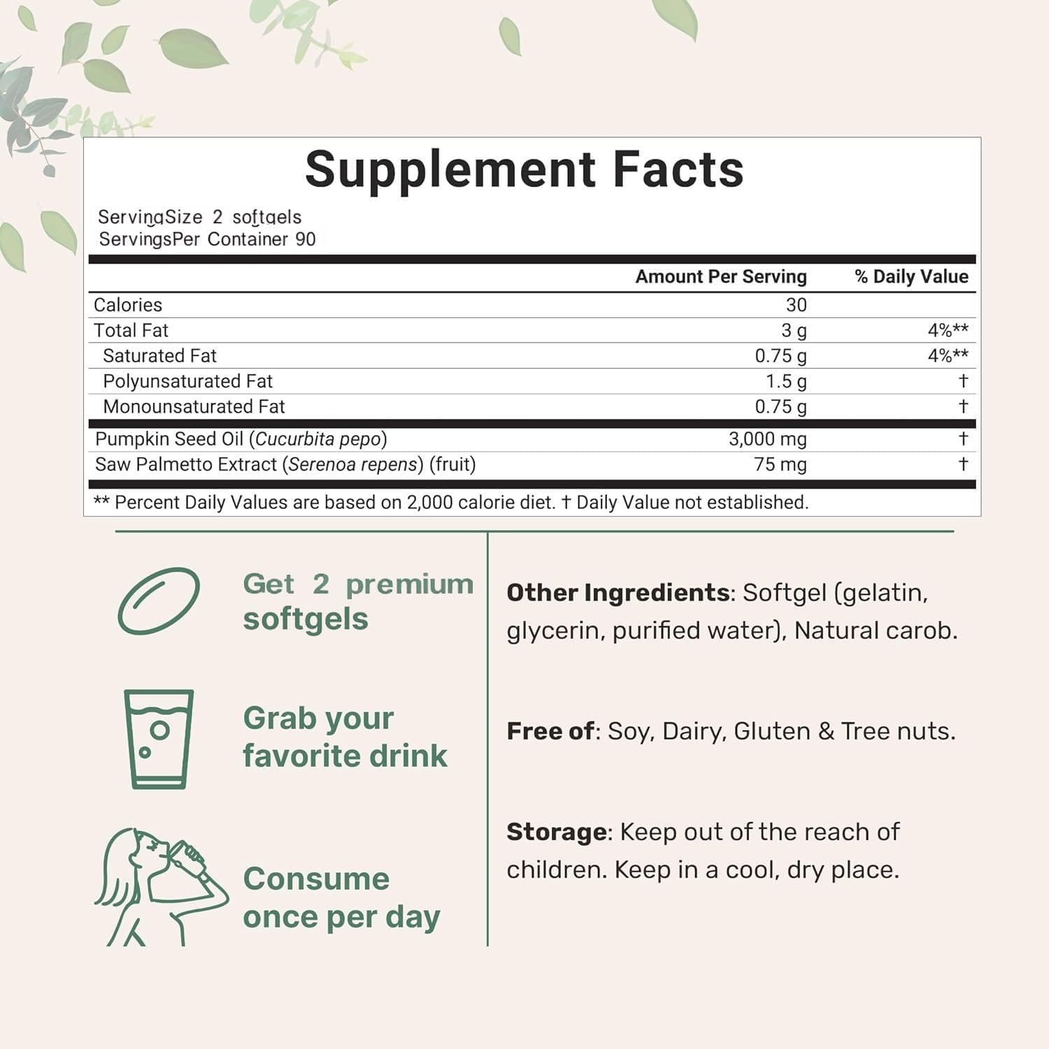 HWAXIGO Pumpkin Seed Oil Capsules with Saw Palmetto – 3000mg Cold-Pressed (180 Softgels) for Hair Growth & Prostate Support