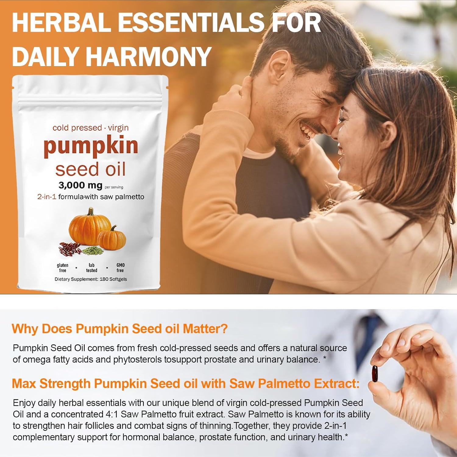 HWAXIGO Pumpkin Seed Oil Capsules with Saw Palmetto – 3000mg Cold-Pressed (180 Softgels) for Hair Growth & Prostate Support