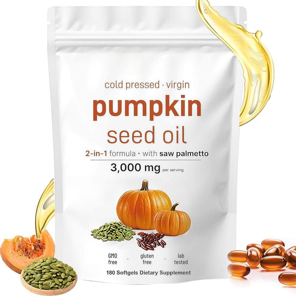 HWAXIGO Pumpkin Seed Oil Capsules with Saw Palmetto – 3000mg Cold-Pressed (180 Softgels) for Hair Growth & Prostate Support