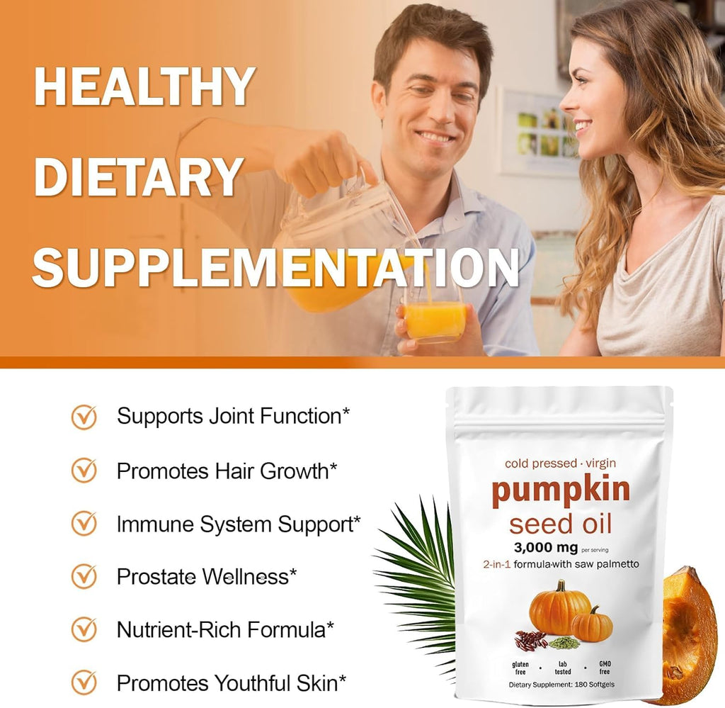 HWAXIGO Pumpkin Seed Oil Capsules with Saw Palmetto – 3000mg Cold-Pressed (180 Softgels) for Hair Growth & Prostate Support