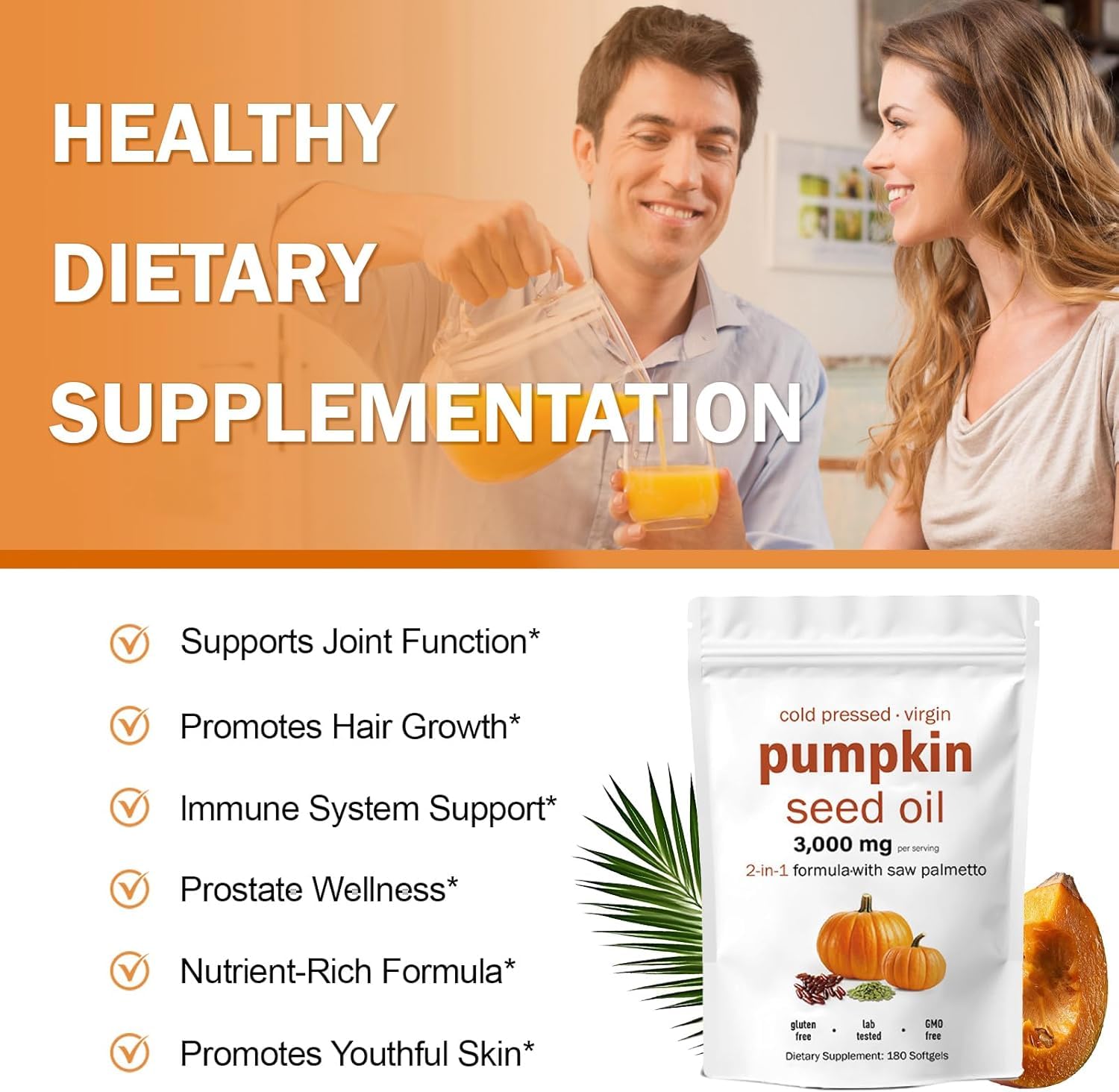 HWAXIGO Pumpkin Seed Oil Capsules with Saw Palmetto – 3000mg Cold-Pressed (180 Softgels) for Hair Growth & Prostate Support