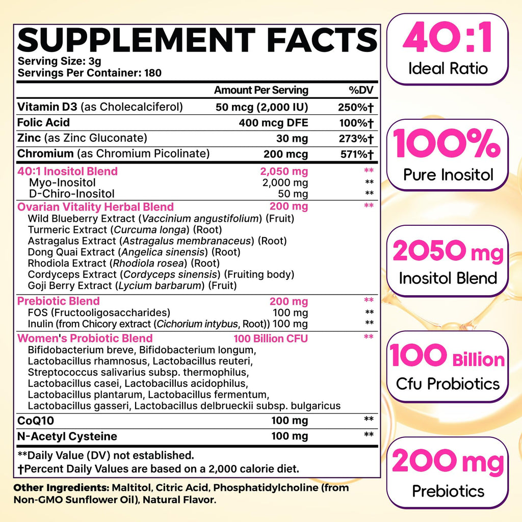 Hwuspmr Ovarian Support | Liposomal 40:1 Myo-Inositol & D-Chiro Inositol | Probiotics, CoQ10 & Herbs