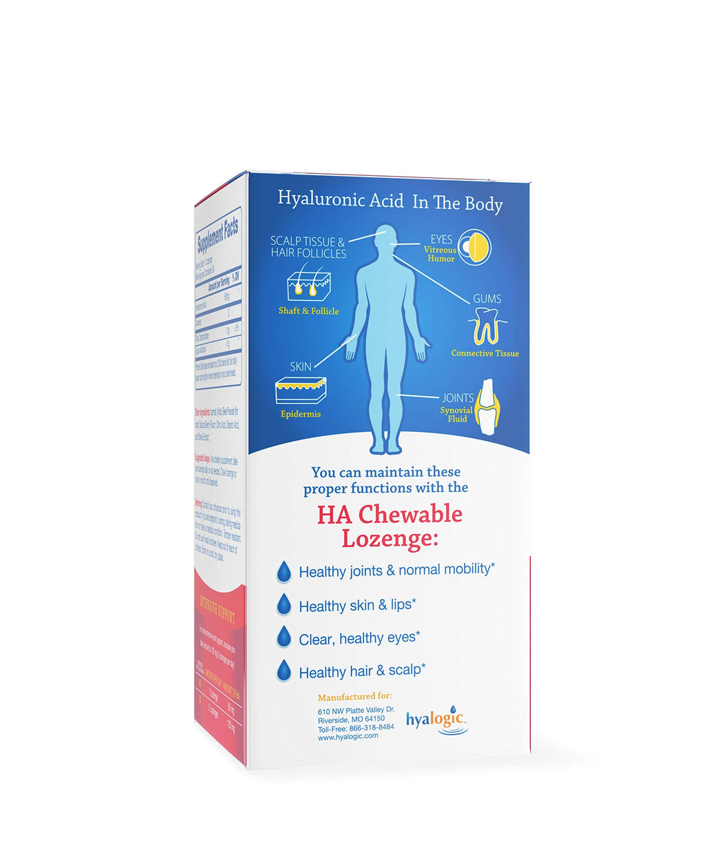 Hyalogic Hyaluronic Acid Chewables 60 Count - Berry Flavor (120mg per 2 Tablets) - Sugar Free HA for Skincare & Eye Health