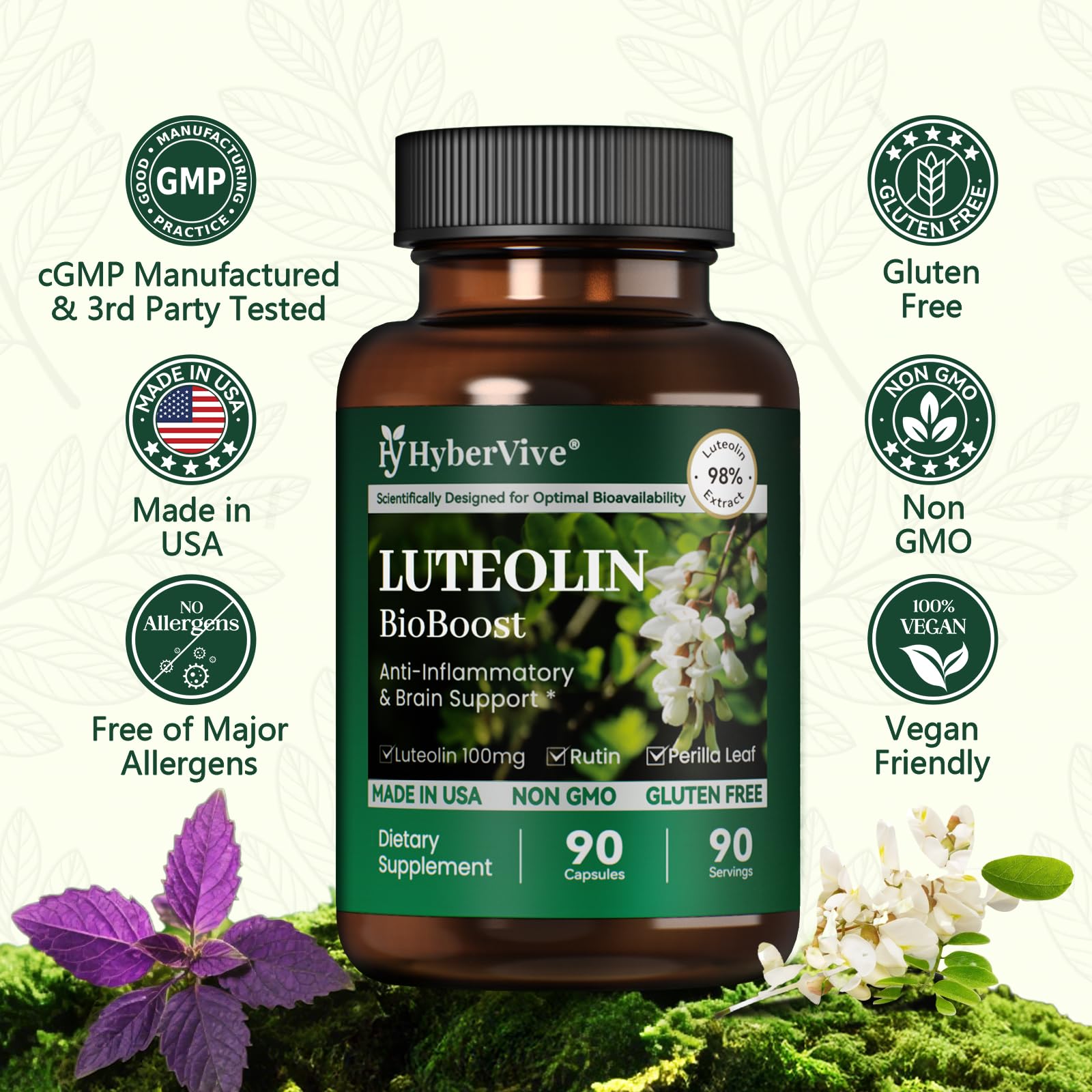 HyberVive Luteolin 200mg with Rutin & Perilla – Brain Health & Immunity – Made in USA