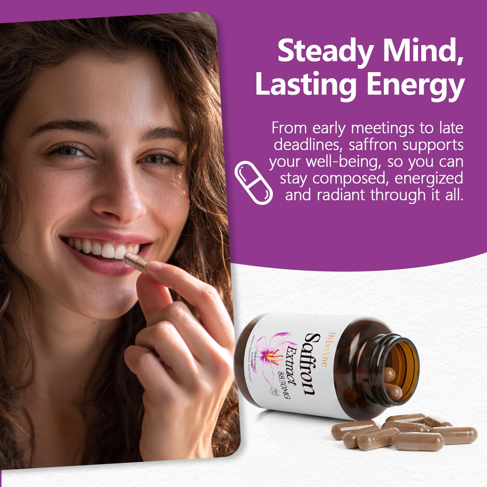 HyberVive Saffron Supplements 88.5MG | 90 Vegan Capsules | Mood Energy Focus Support | Made in USA