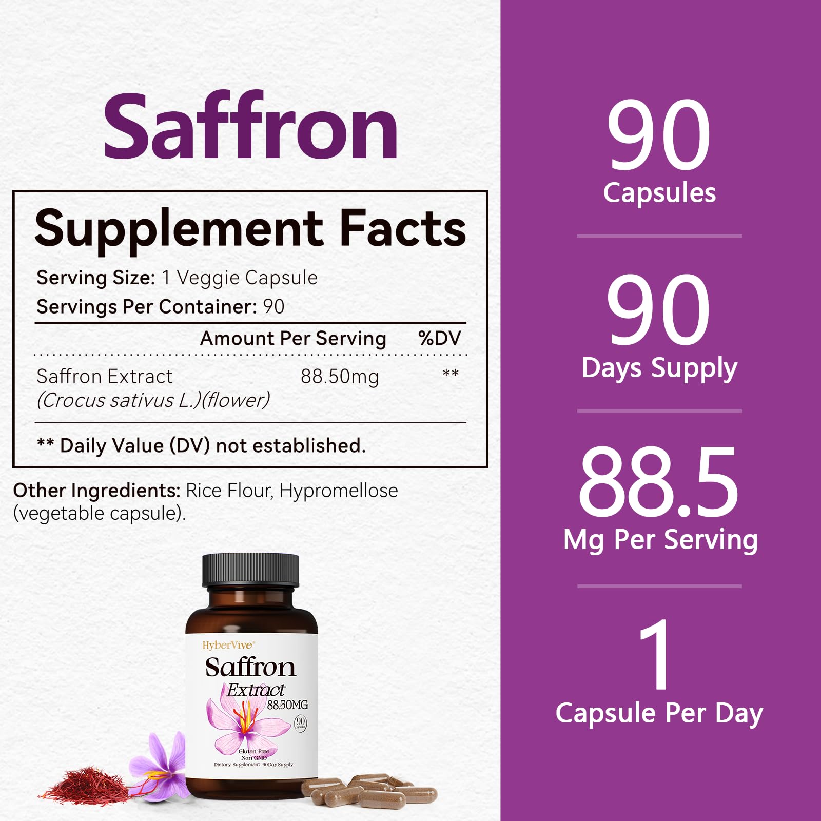 HyberVive Saffron Supplements 88.5MG | 90 Vegan Capsules | Mood Energy Focus Support | Made in USA