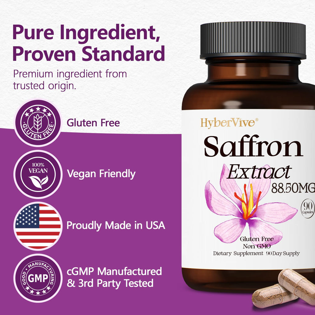 HyberVive Saffron Supplements 88.5MG | 90 Vegan Capsules | Mood Energy Focus Support | Made in USA
