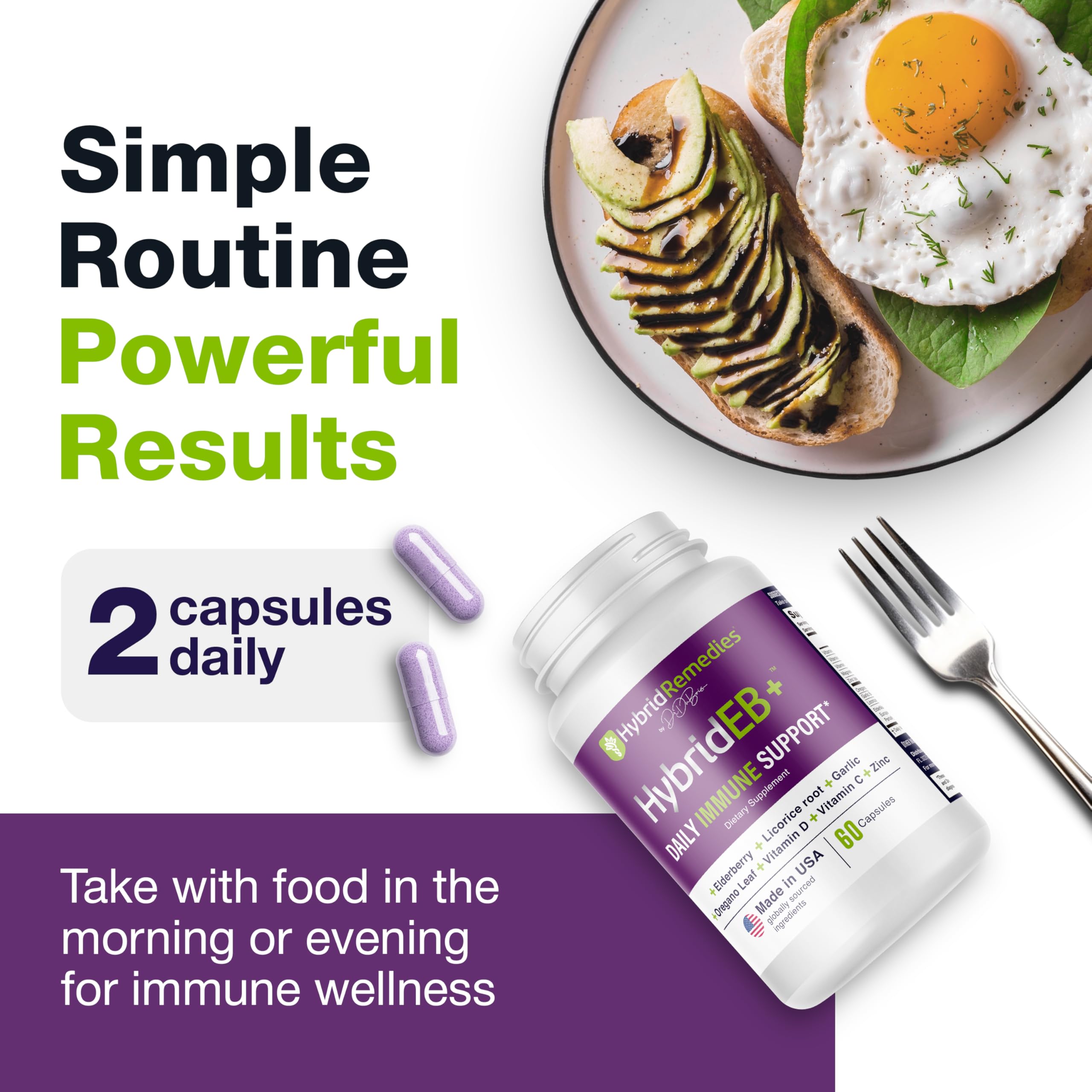 HybridEB Sambucus Elderberry Immune Support with Vitamin C, Zinc, D3 – 60 Capsules