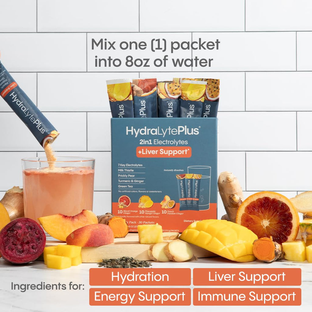 Hydralyte Liver Support + Electrolyte Mix – Milk Thistle, Turmeric, Ginger, Prickly Pear, Green Tea (Blood Orange Ginger, 20 Packets)