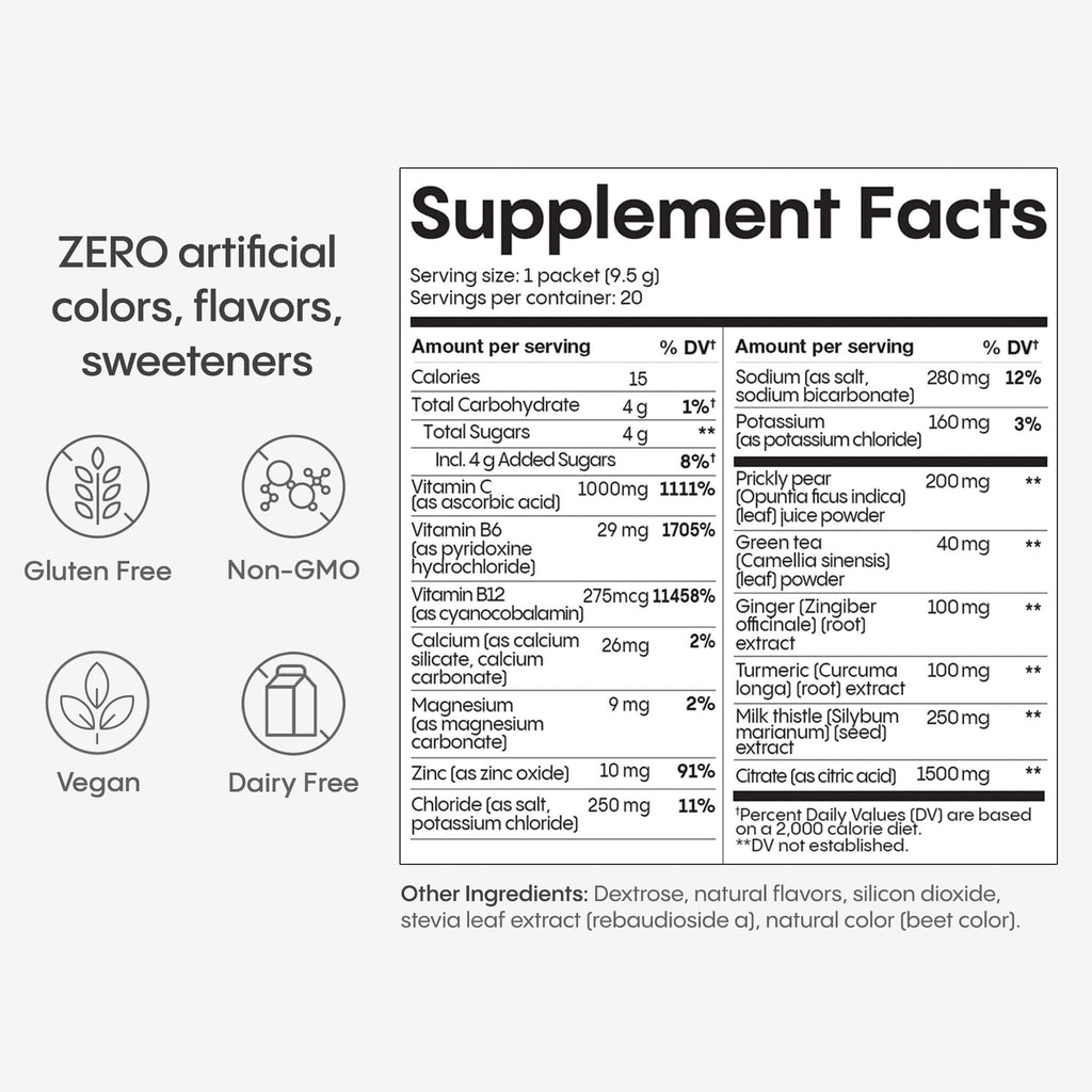 Hydralyte Liver Support + Electrolyte Mix – Milk Thistle, Turmeric, Ginger, Prickly Pear, Green Tea (Blood Orange Ginger, 20 Packets)