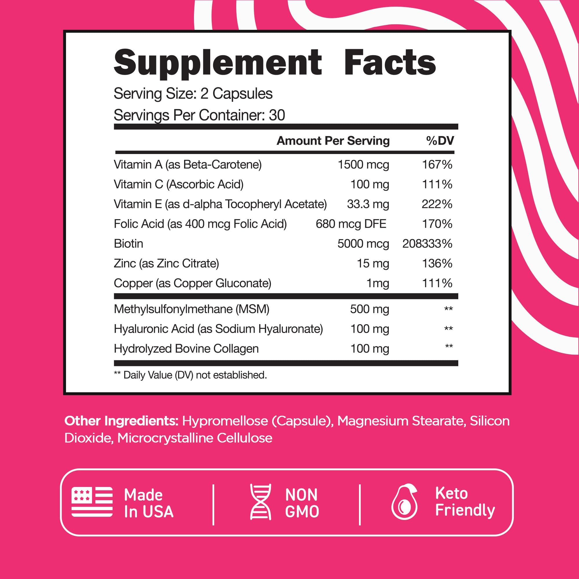 Vital Vitamins Biotin Complex Pills – Hyaluronic Acid, MSM, Collagen & Vitamin C | Hair, Skin & Nails Supplement (60 Capsules)