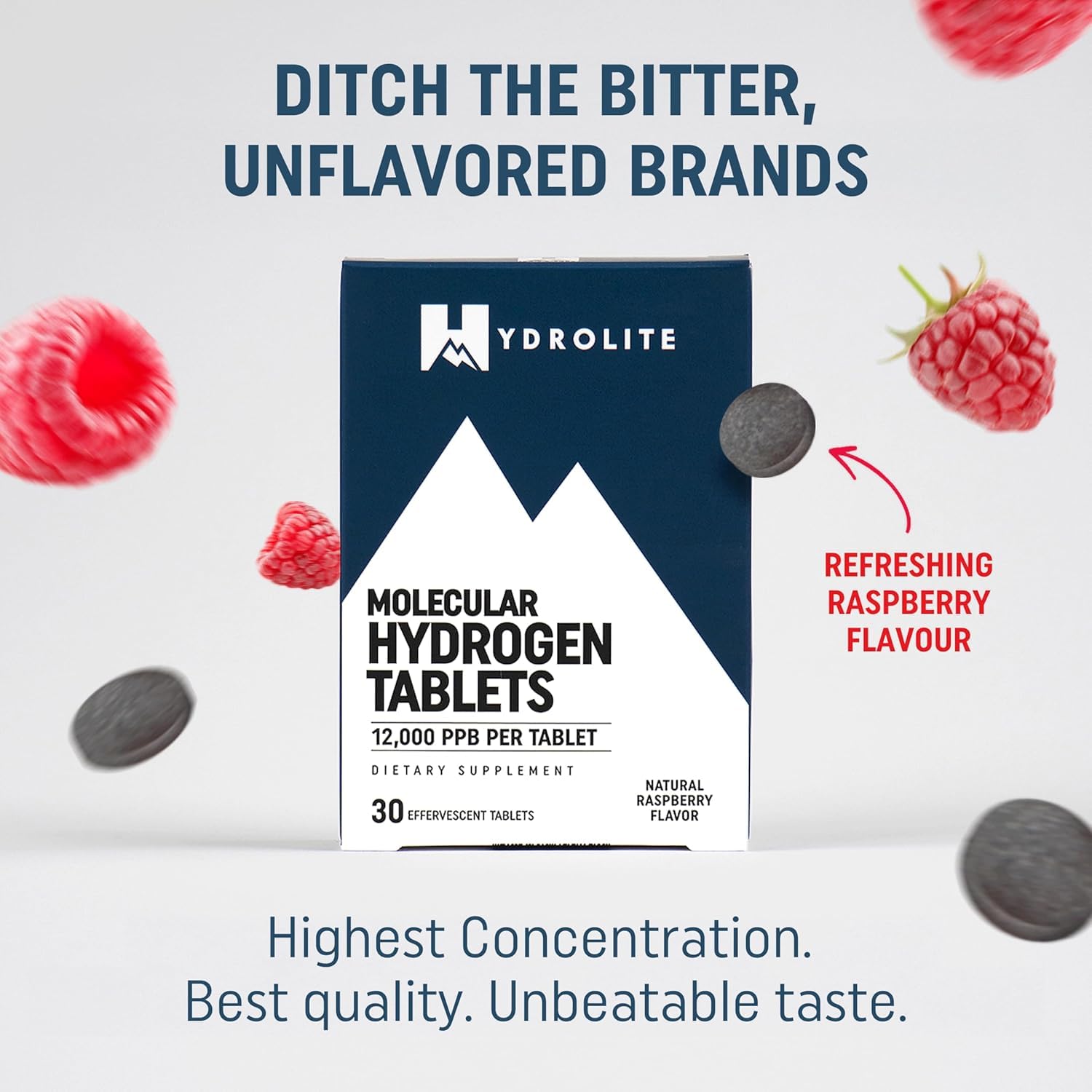 HydroLite Molecular Hydrogen Tablets with Magnesium | 12,000 PPB H2 – Raspberry | Made in USA, 30 Tablets