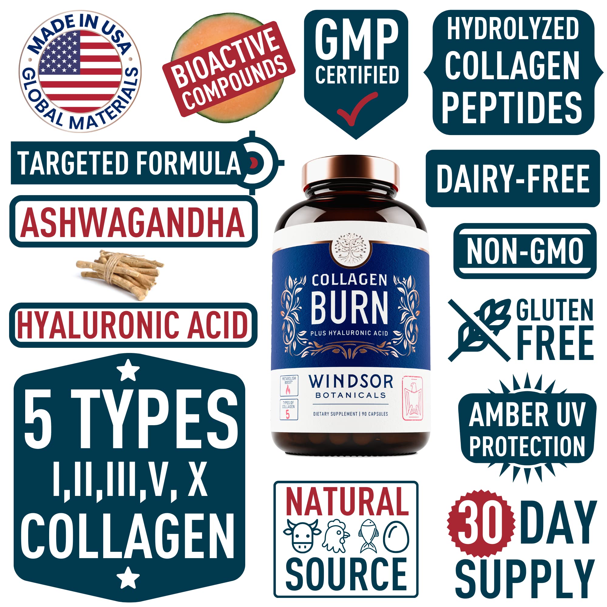 Thermogenic Multi Collagen Burn Capsules – Hydrolyzed Collagen Types I–X, Hyaluronic Acid | 90 Pills