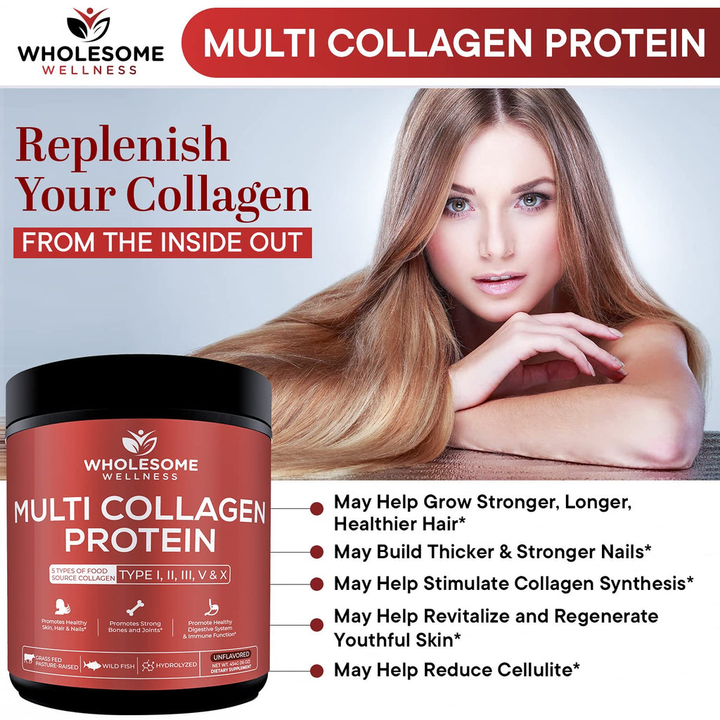Wholesome Wellness Multi Collagen Powder – Grass-Fed Type I II III V X
