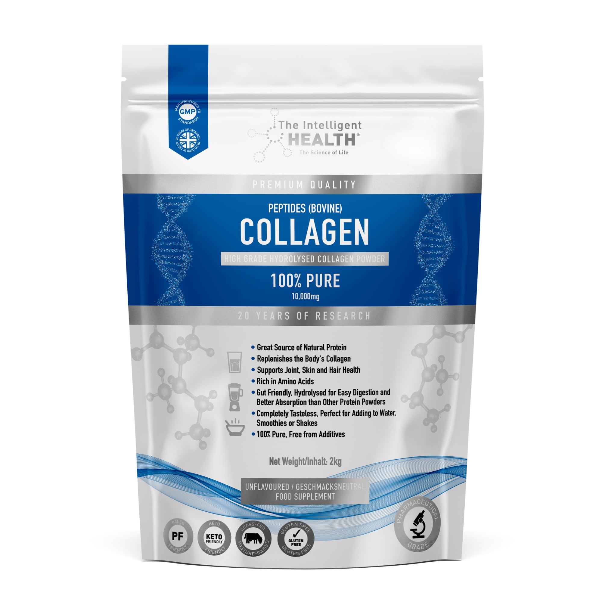 The Intelligent Health Hydrolyzed Collagen Peptides Powder – Grass-Fed, Unflavored, 10g per Serving, 2kg