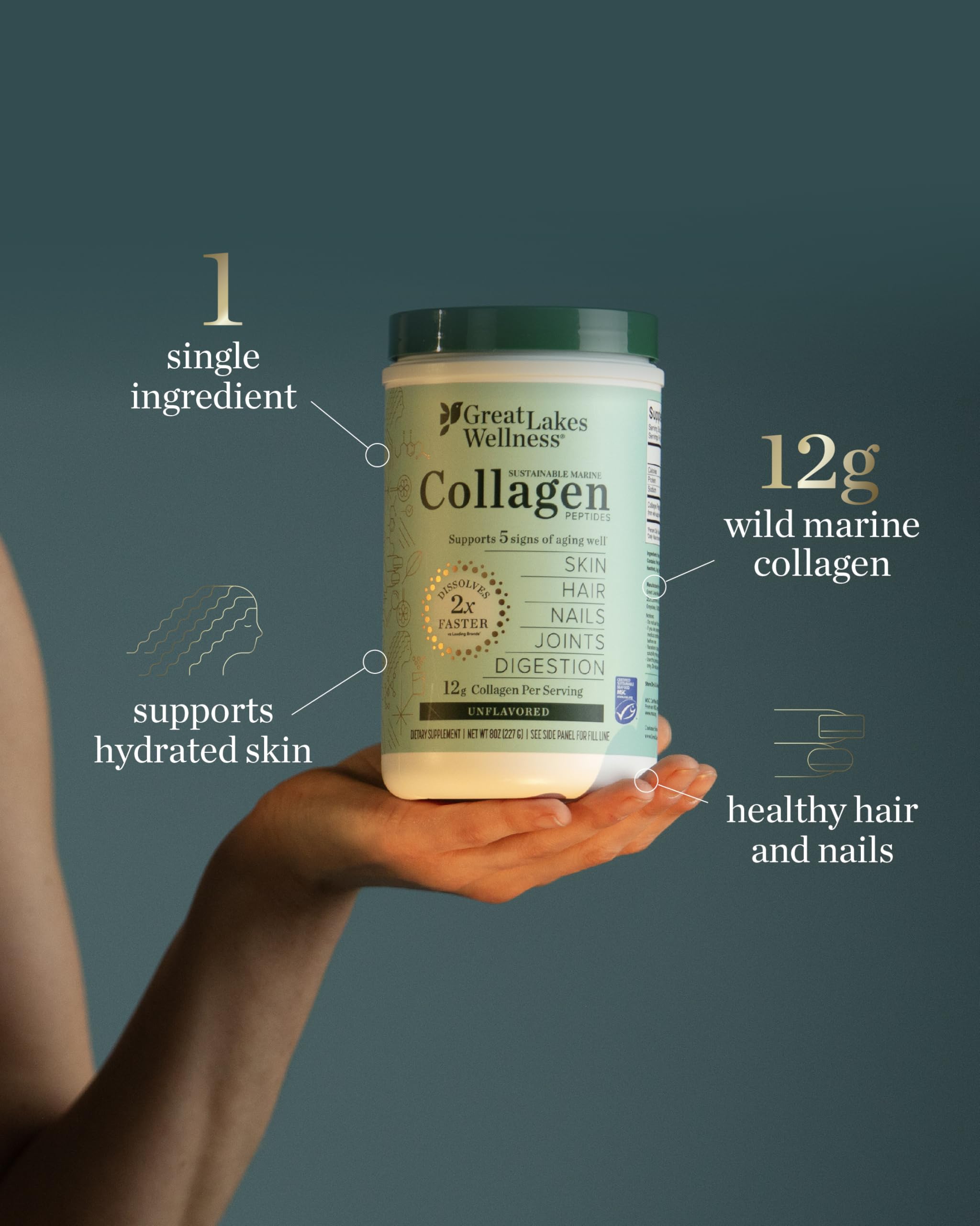 Great Lakes Wellness Marine Collagen Peptides Powder – Unflavored, 16 oz (Wild-Caught, MSC Certified)