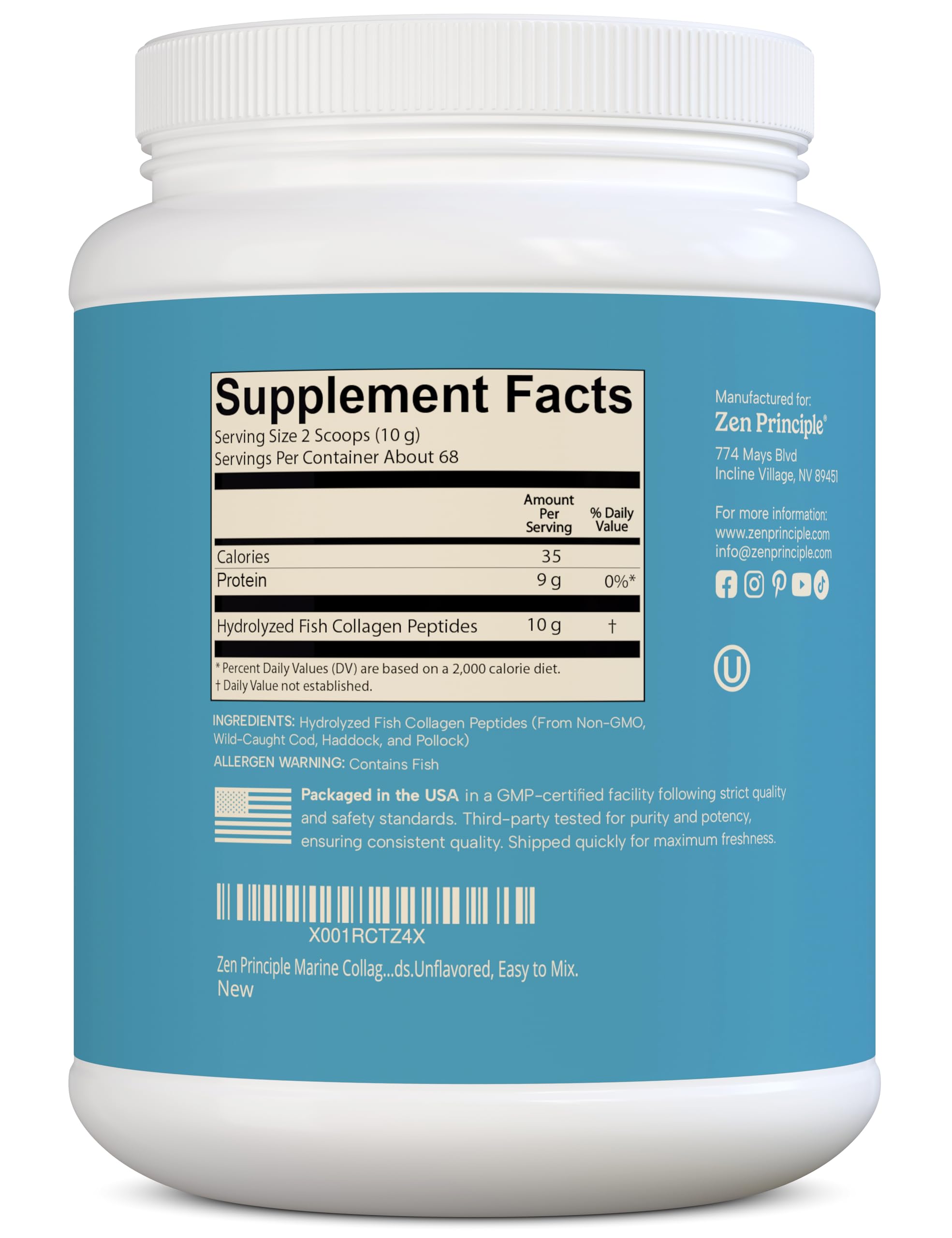Zen Principle Marine Collagen Peptides Powder – 1.5 lb, Wild-Caught, Non-GMO, Hydrolyzed Type I & III