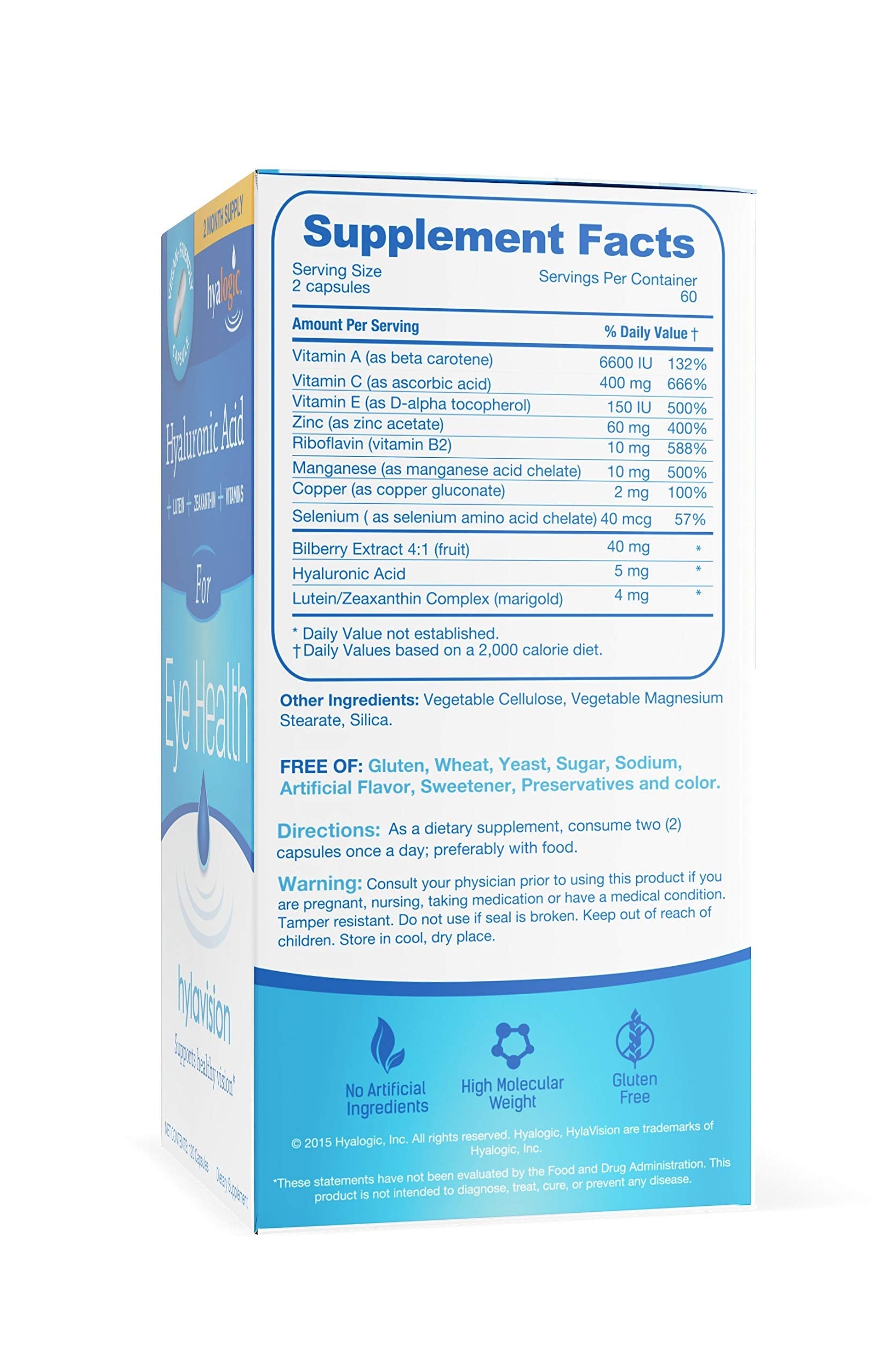 HylaVision Eye Health Supplement - Hyaluronic Acid, Lutein & Zeaxanthin | Eye Vitamins A, C, E and Zinc | 120 Capsules