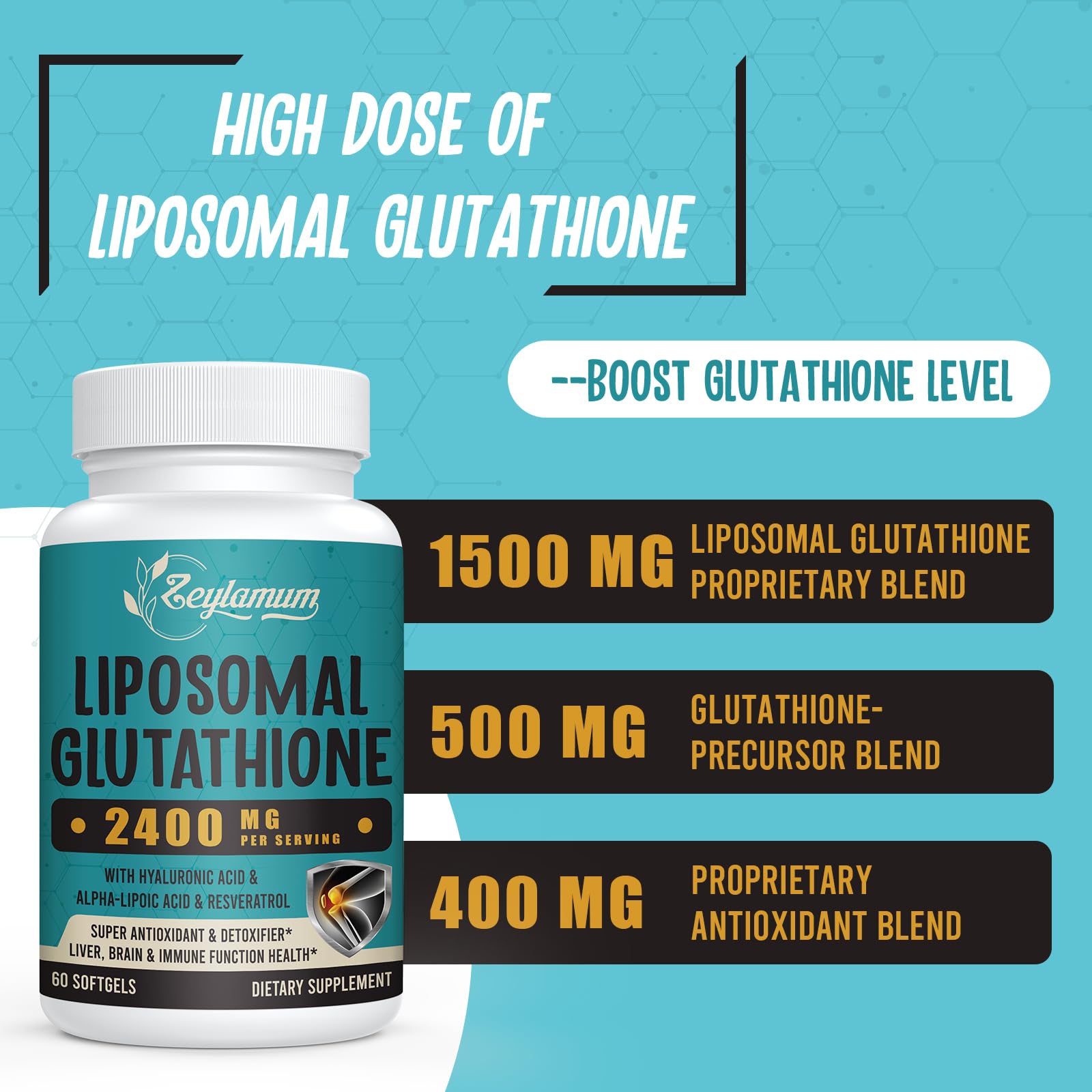 Zeylamum 2400mg Liposomal Glutathione Softgels – Max Absorption, Hyaluronic Acid & Resveratrol, 600 Softgels