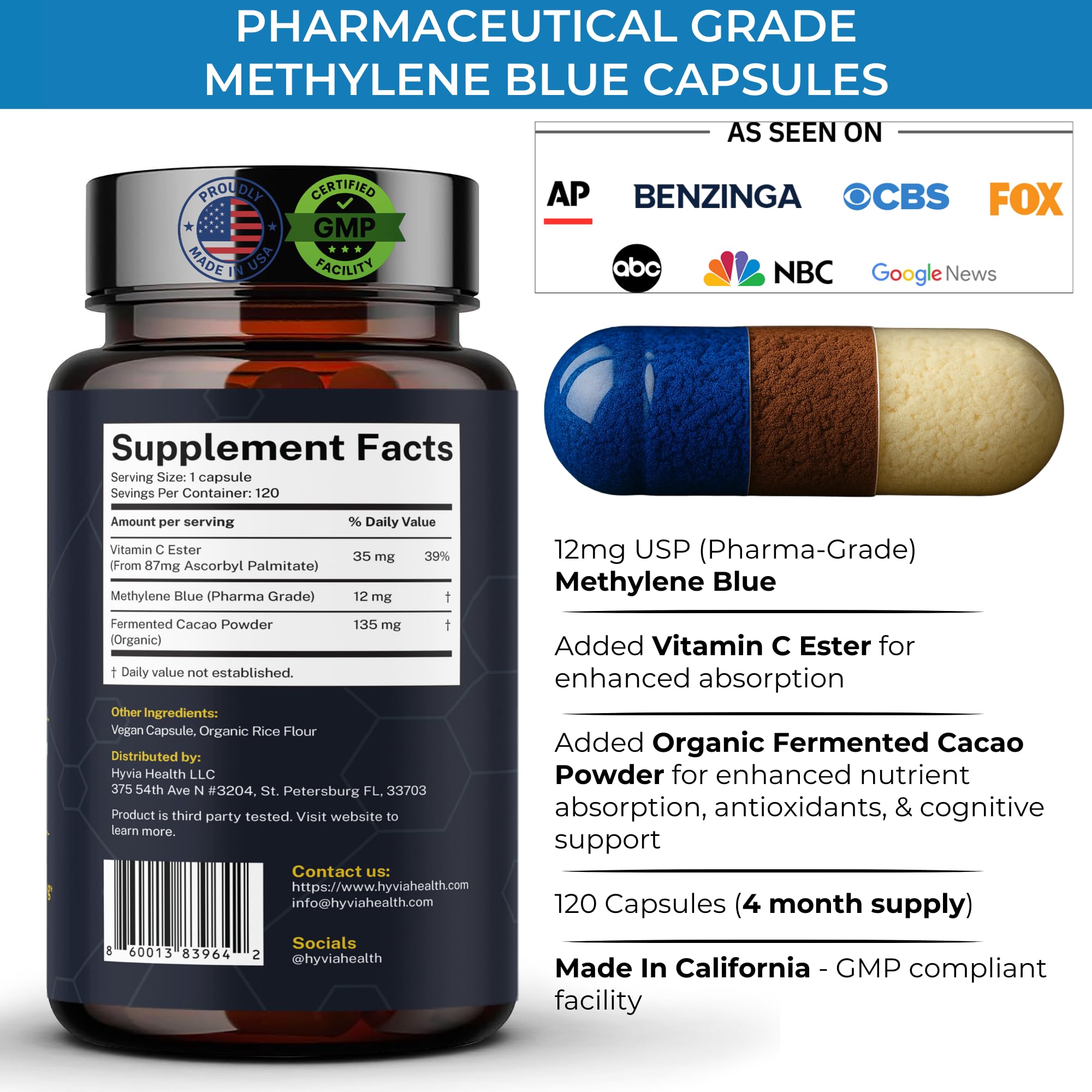 Hyvia Health Methylene Blue Capsules with Vitamin C – 120ct, USP Grade, Made in USA