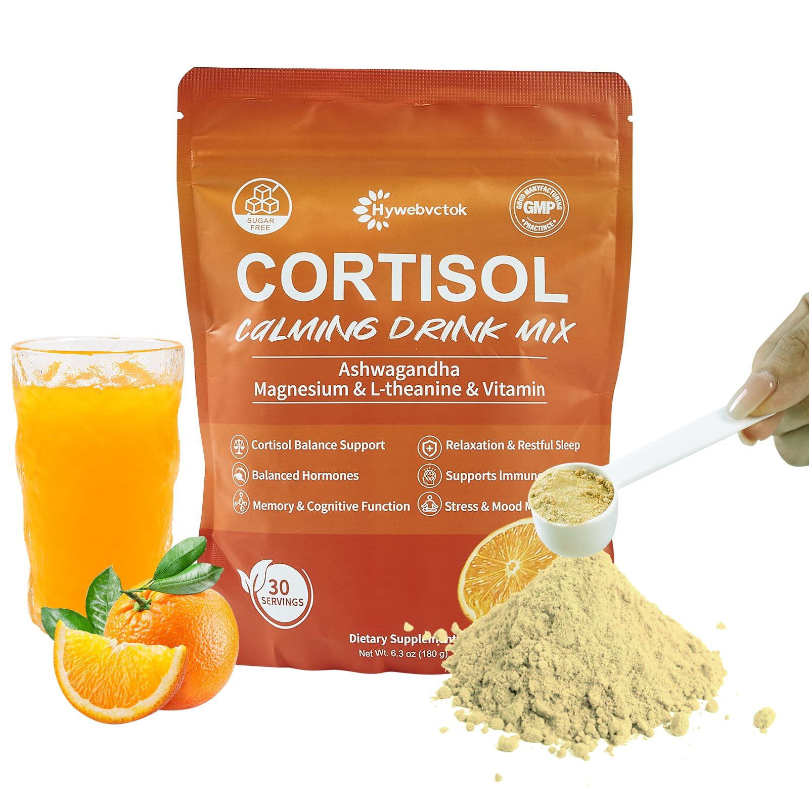 Hywebvctok Cortisol Drink Powder – Natural Cortisol Supplement for Women & Men | Ashwagandha, L-Theanine, Turmeric, Black Pepper | 6.3 oz