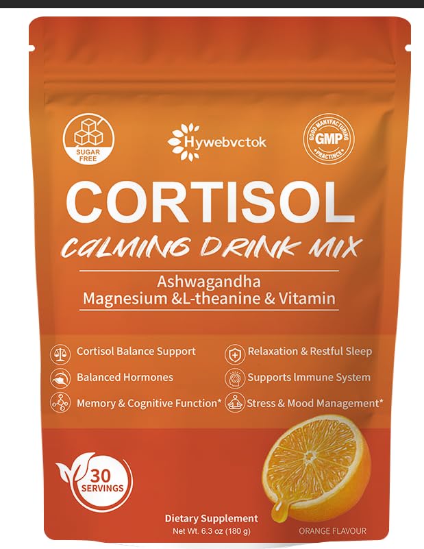 Hywebvctok Cortisol Drink Powder – Natural Cortisol Supplement for Women & Men | Ashwagandha, L-Theanine, Turmeric, Black Pepper | 6.3 oz