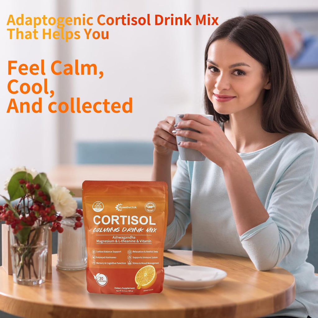 Hywebvctok Cortisol Drink Powder – Natural Cortisol Supplement for Women & Men | Ashwagandha, L-Theanine, Turmeric, Black Pepper | 6.3 oz