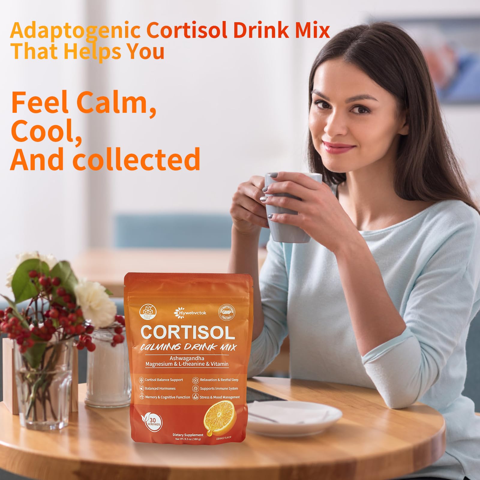 Hywebvctok Cortisol Drink Powder – Natural Cortisol Supplement for Women & Men | Ashwagandha, L-Theanine, Turmeric, Black Pepper | 6.3 oz