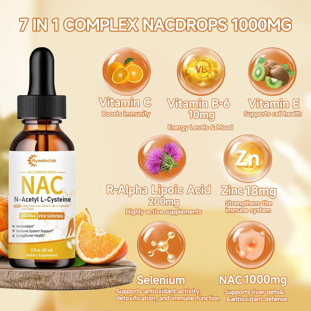 Hywebvctok Liquid NAC Drops 1000 MG – N-Acetyl Cysteine with R-Alpha Lipoic Acid | Immune Support, Liver & Lung Health | Orange Flavor