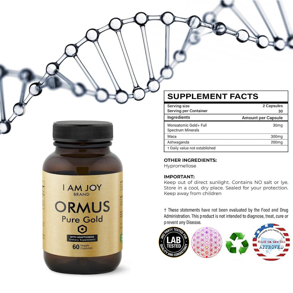 I Am Joy Co. Monoatomic Gold Capsules with Adaptogens – Maca & Ashwaganda | 60 Vegan Capsules