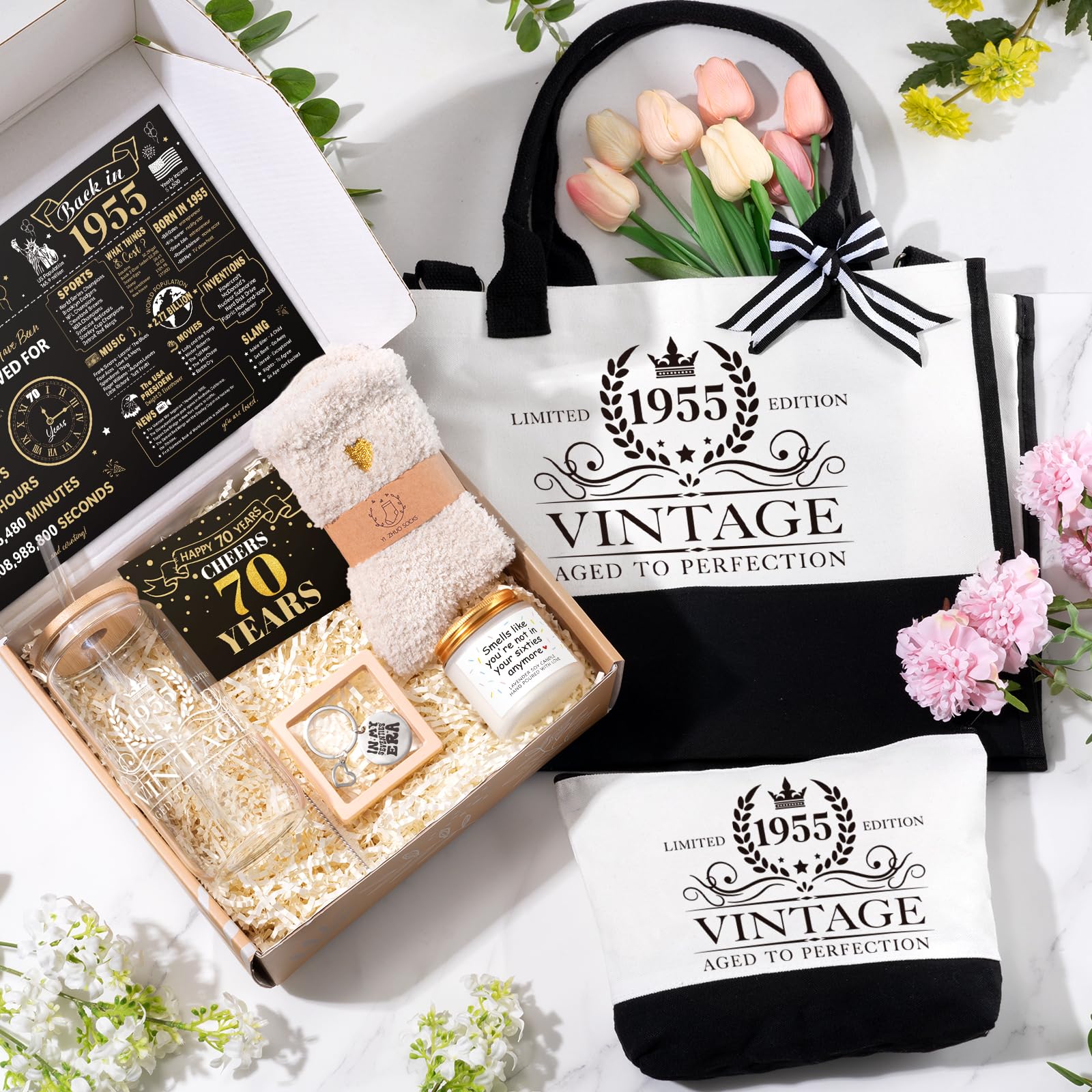 iAOVUEBY 70th Birthday Gifts for Women - Tote, Tumbler & Gift Set