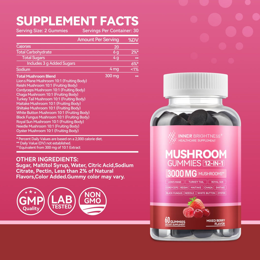 Inner Brightness 12-in-1 Mushroom Gummies 3000mg – Focus & Energy, Mixed Berry, 60ct