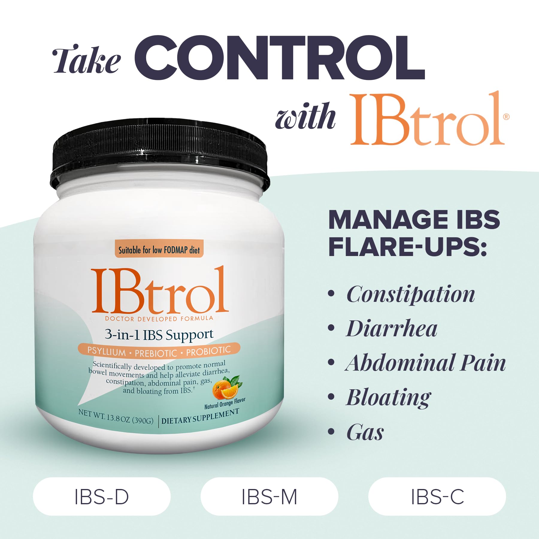 IBtrol 3-in-1 IBS Gut Health Supplement – Psyllium, Prebiotic & Probiotics | 60 Servings, Natural Orange