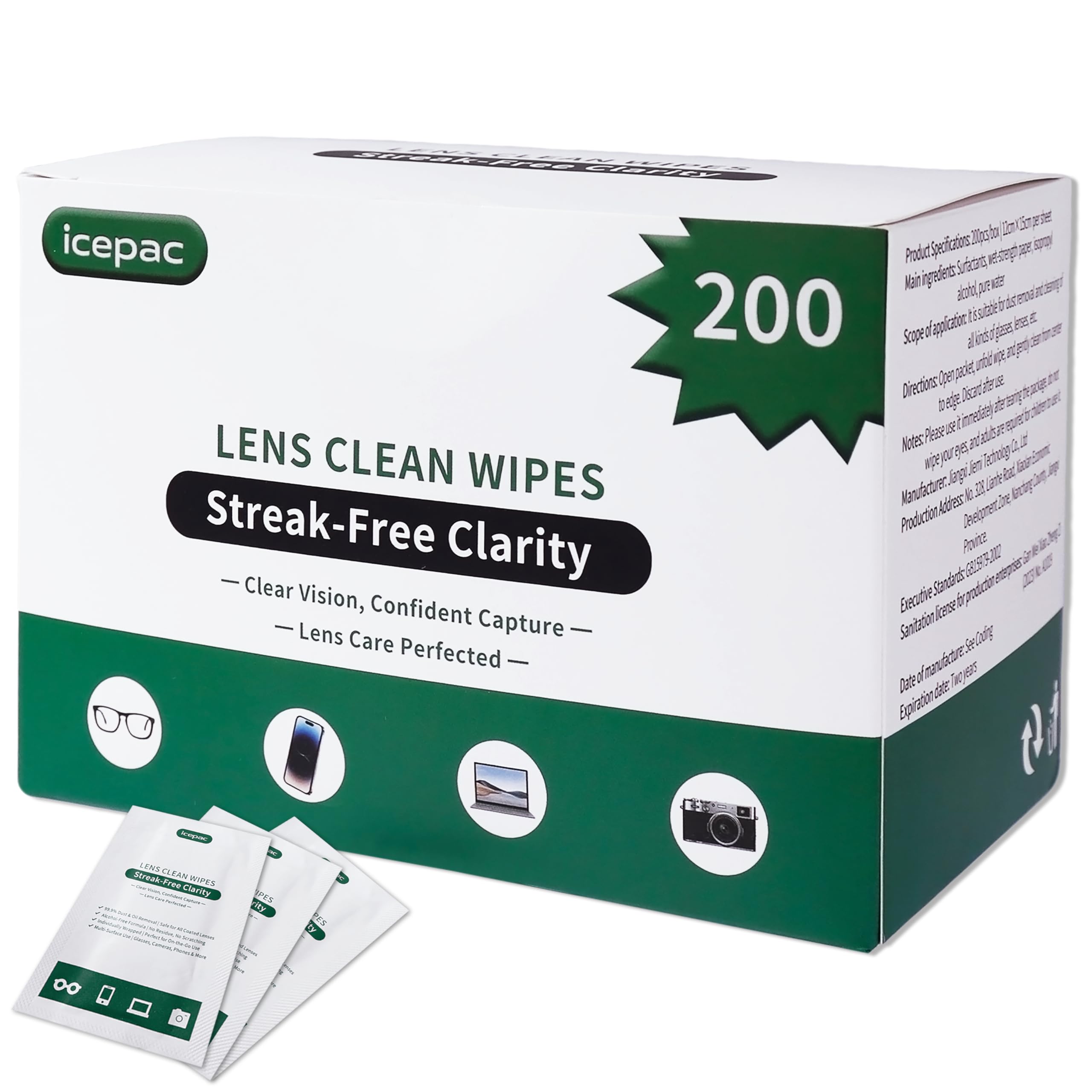 Icepac Lens Wipes for Eyeglasses – 200-Pack, 5x6 in – On-the-Go Cleaning for Glasses, Sunglasses, Phones & Cameras