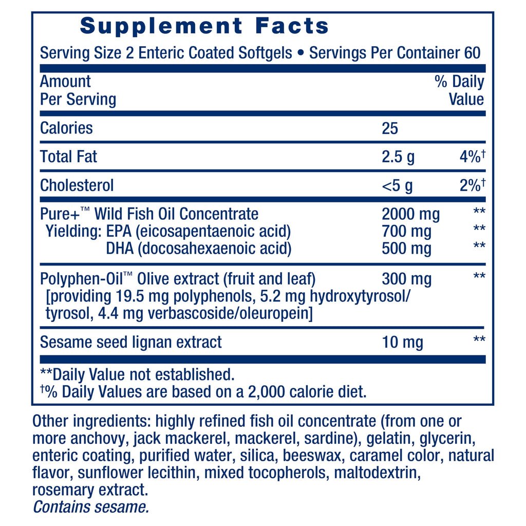Life Extension Super Omega-3 EPA/DHA with Sesame Lignans & Olive Extract – Heart & Brain Health (120 Softgels)