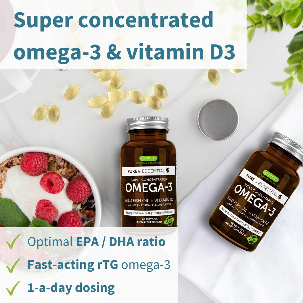 Igennus Advanced rTG Omega-3 + Vitamin D3 — IFOS Wild Fish Oil, 60 Softgels (1-a-Day)