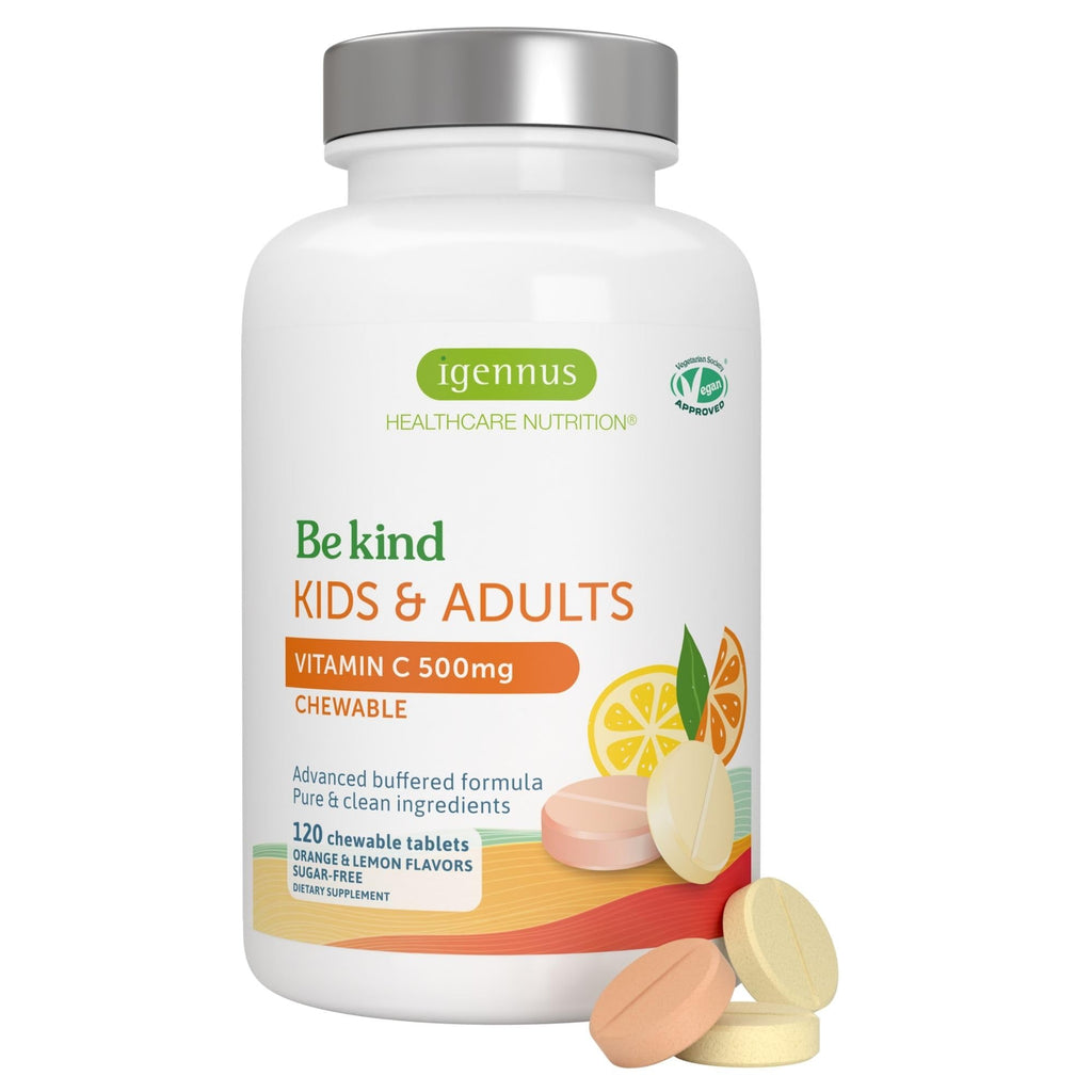 Igennus Gentle Buffered Vitamin C Chewable 500mg — Kids & Adults | Dual-Form Absorption | Sugar-Free Orange & Lemon